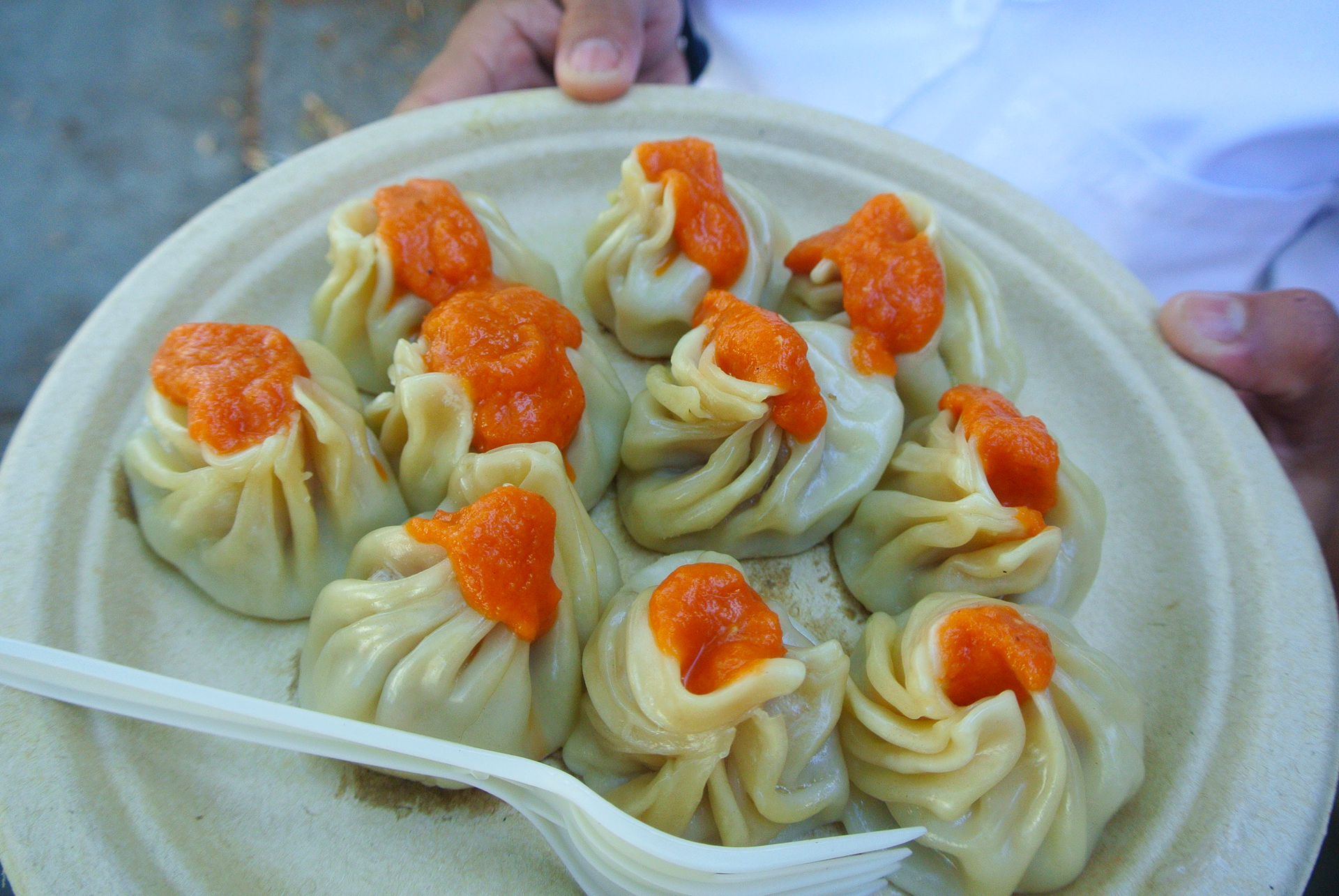 Momos from Bini's Kitchen, topped with tomato sauce