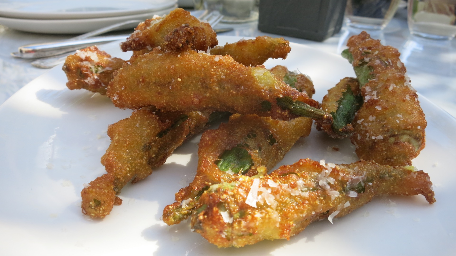 Fried okra with parmesan and Green Goddess dressing. ($7)