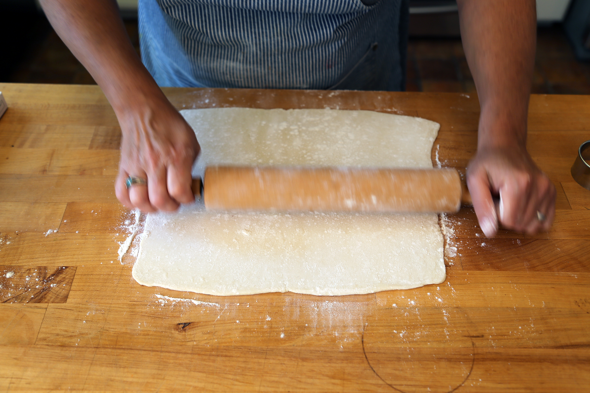 Roll out the pastry to 1/16th inch thick, into a rectangle about 11-inches long and 5 to 6 inches wide.