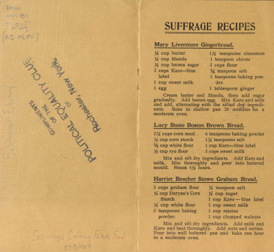 Recipes from the Woman Suffrage Cook Book, including one for "Graham Bread" attributed to Harriet Beecher Stowe, the author of Uncle Tom's Cabin. Beecher Stowe's sister Isabella Beecher Hooker was a founder of the National Woman Suffrage Association.