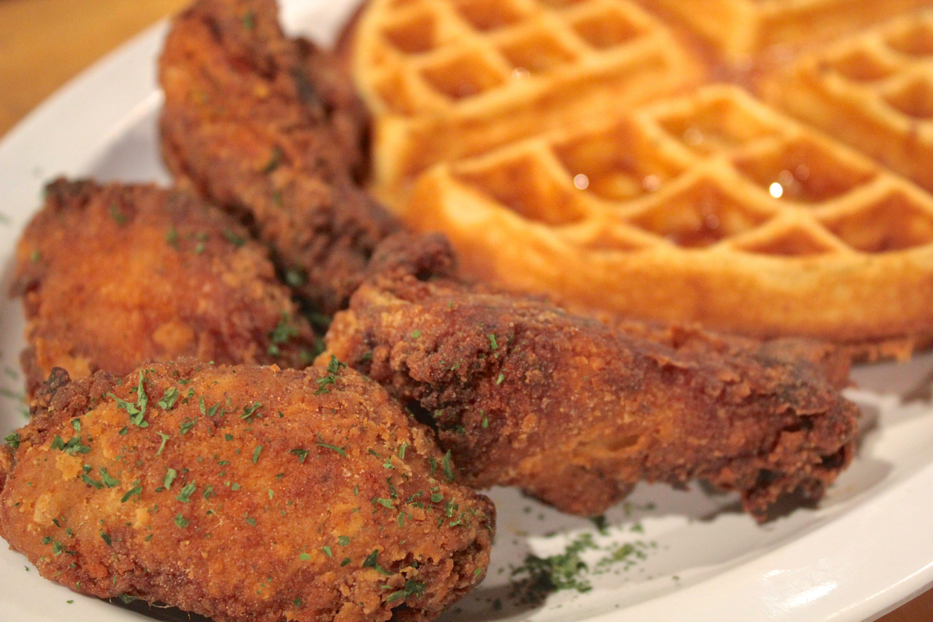 The fried chicken and waffles at Louisiana Bistro.