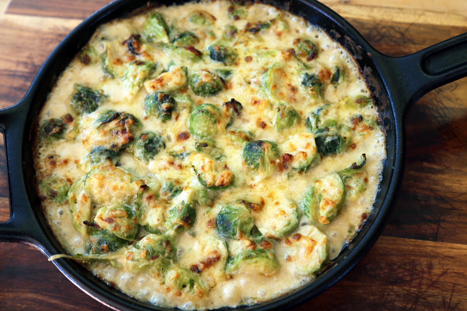 Brussels Sprouts Gratin with Bacon and Gruyere.