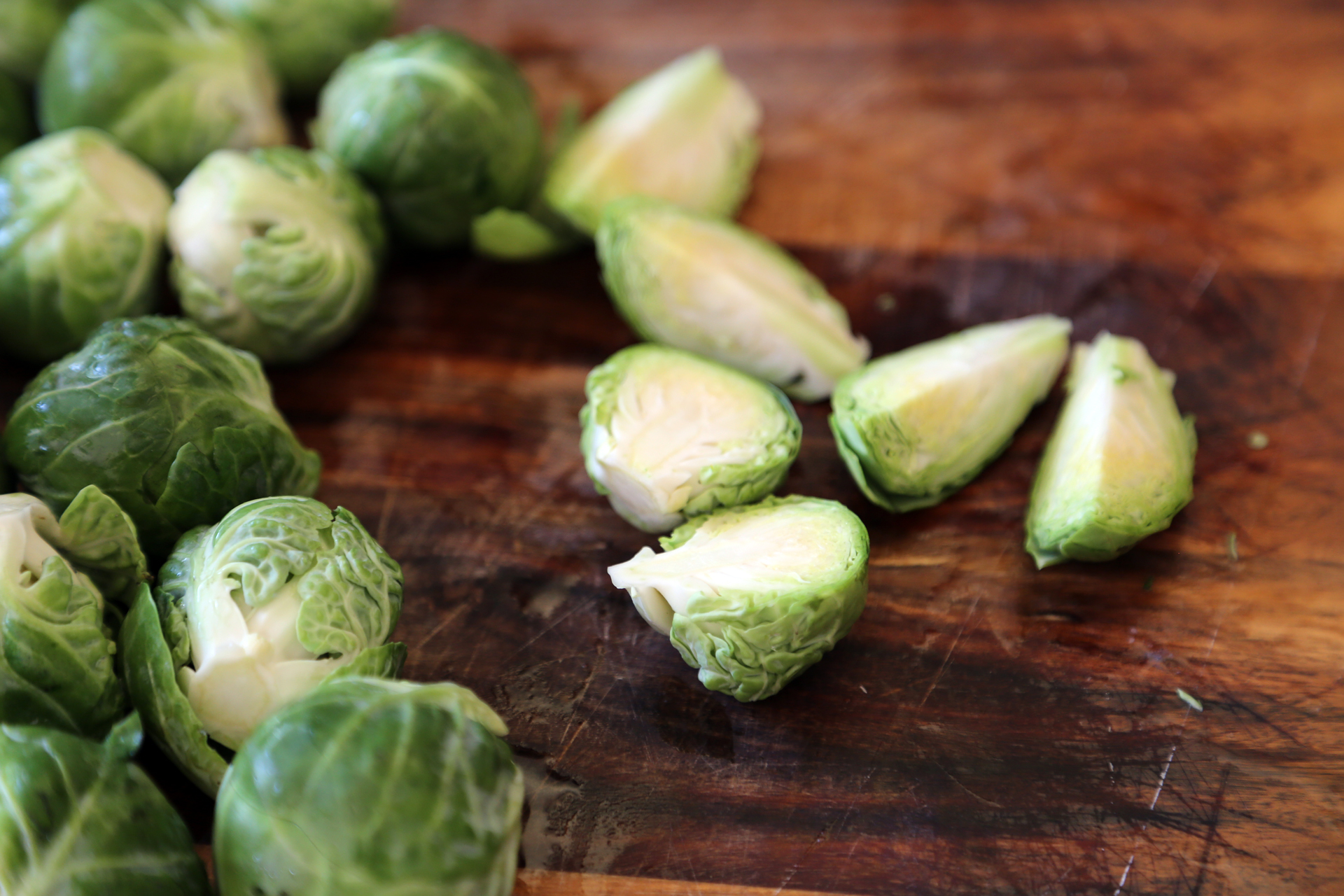 Tender Brussels sprouts, trimmed and halved.