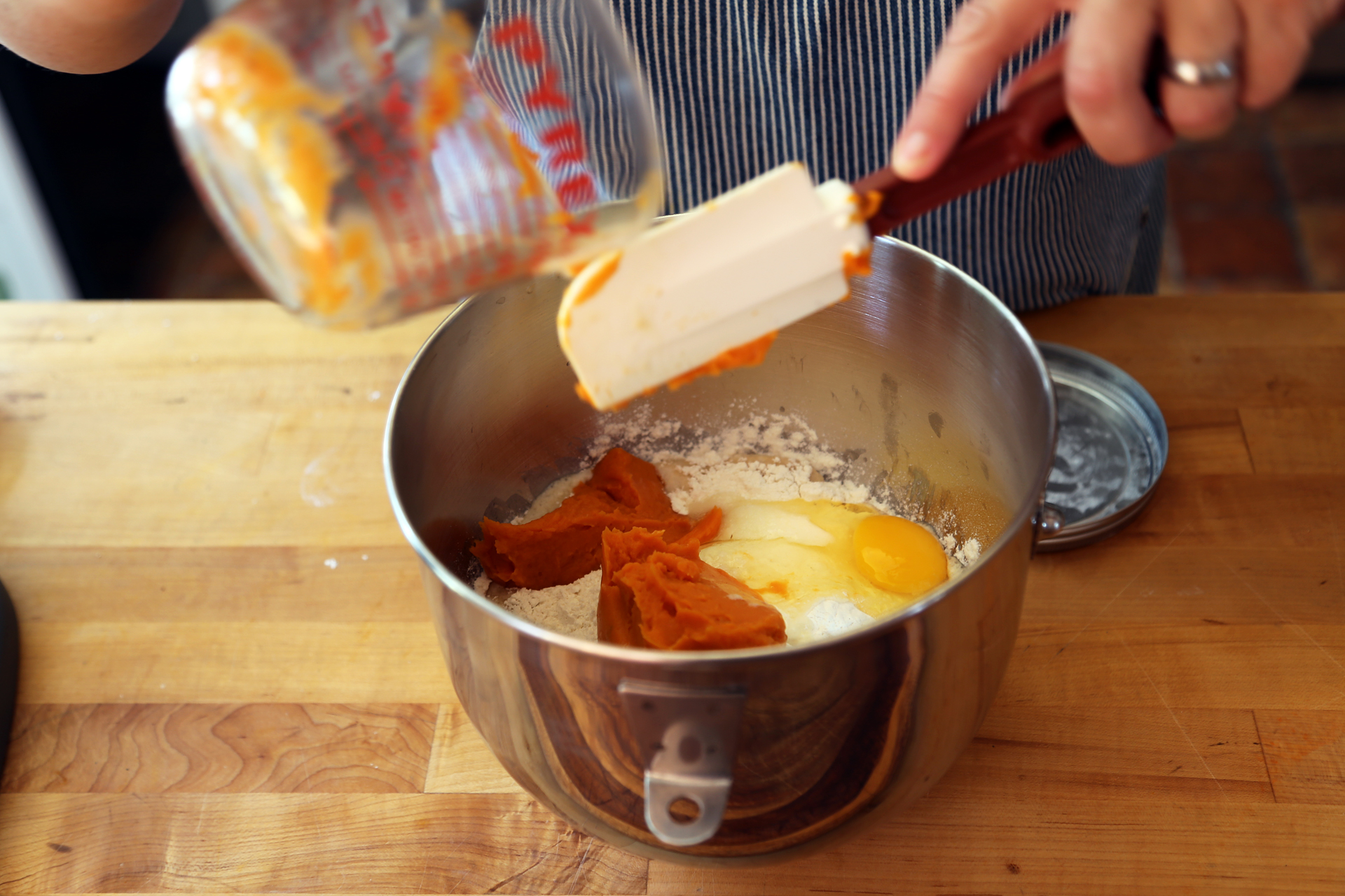 Stir in the sweet potato puree, egg, flour, and salt.