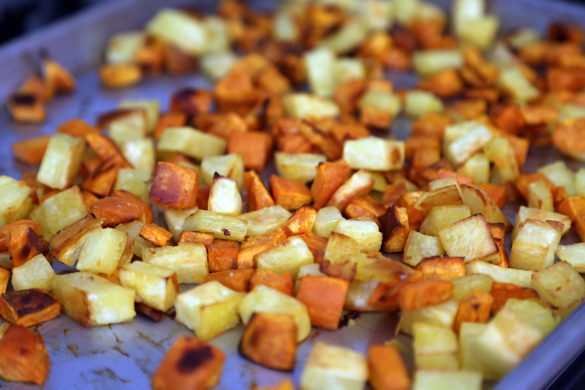 Roast the potatoes until tender and brown.