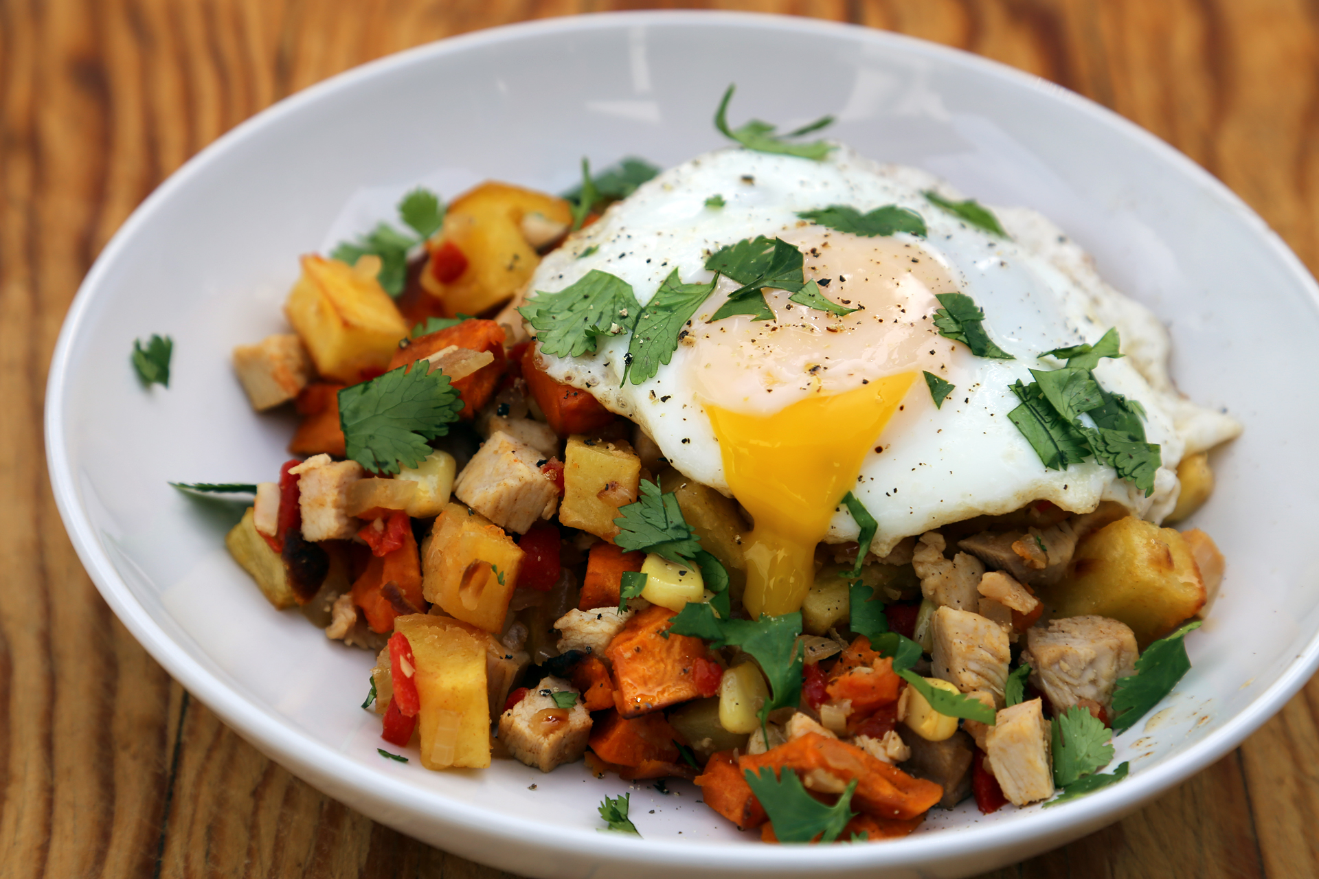 Serve the hash topped with a fried egg.