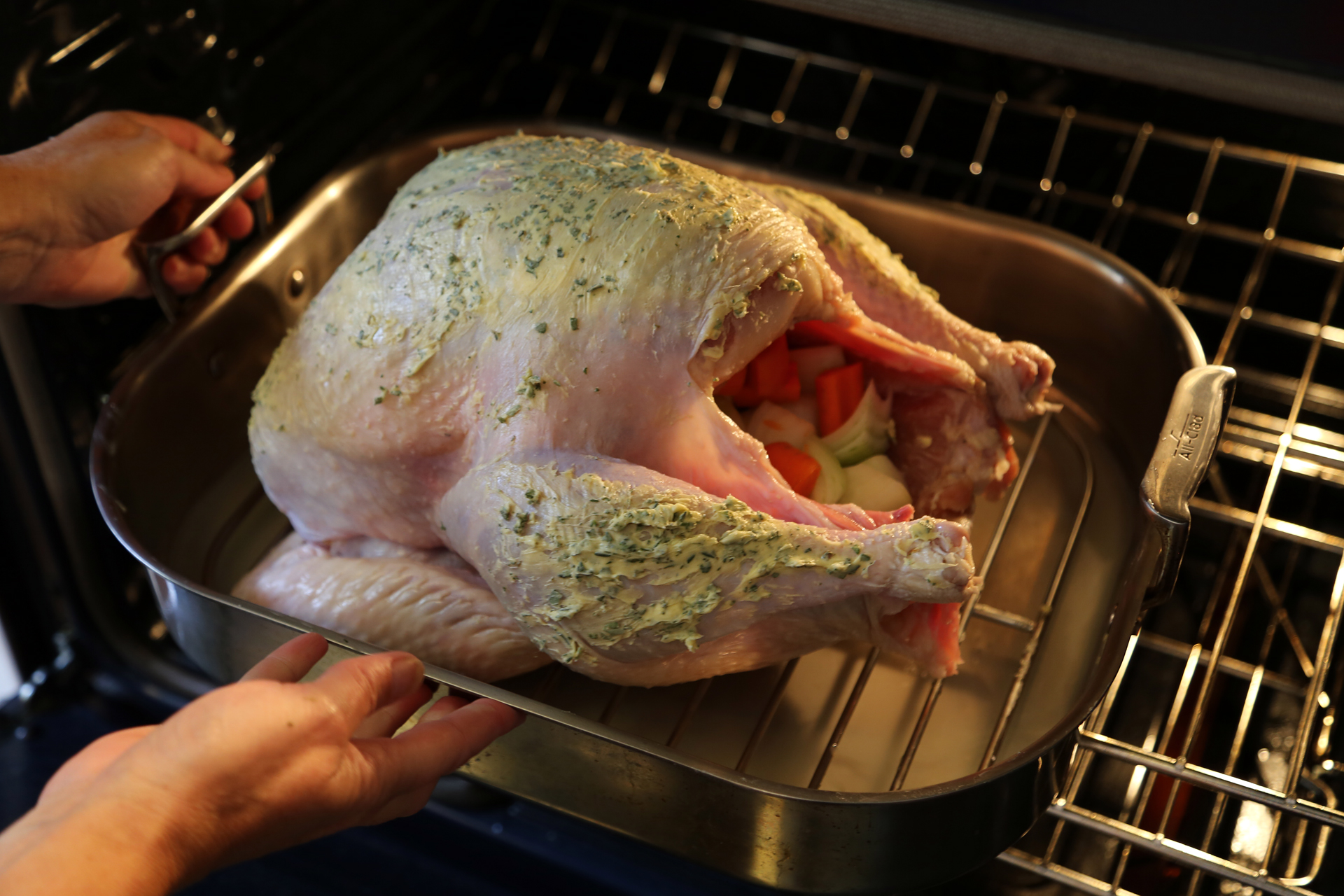 Roast the turkey for 1 hour, then reduce the heat to 375F.