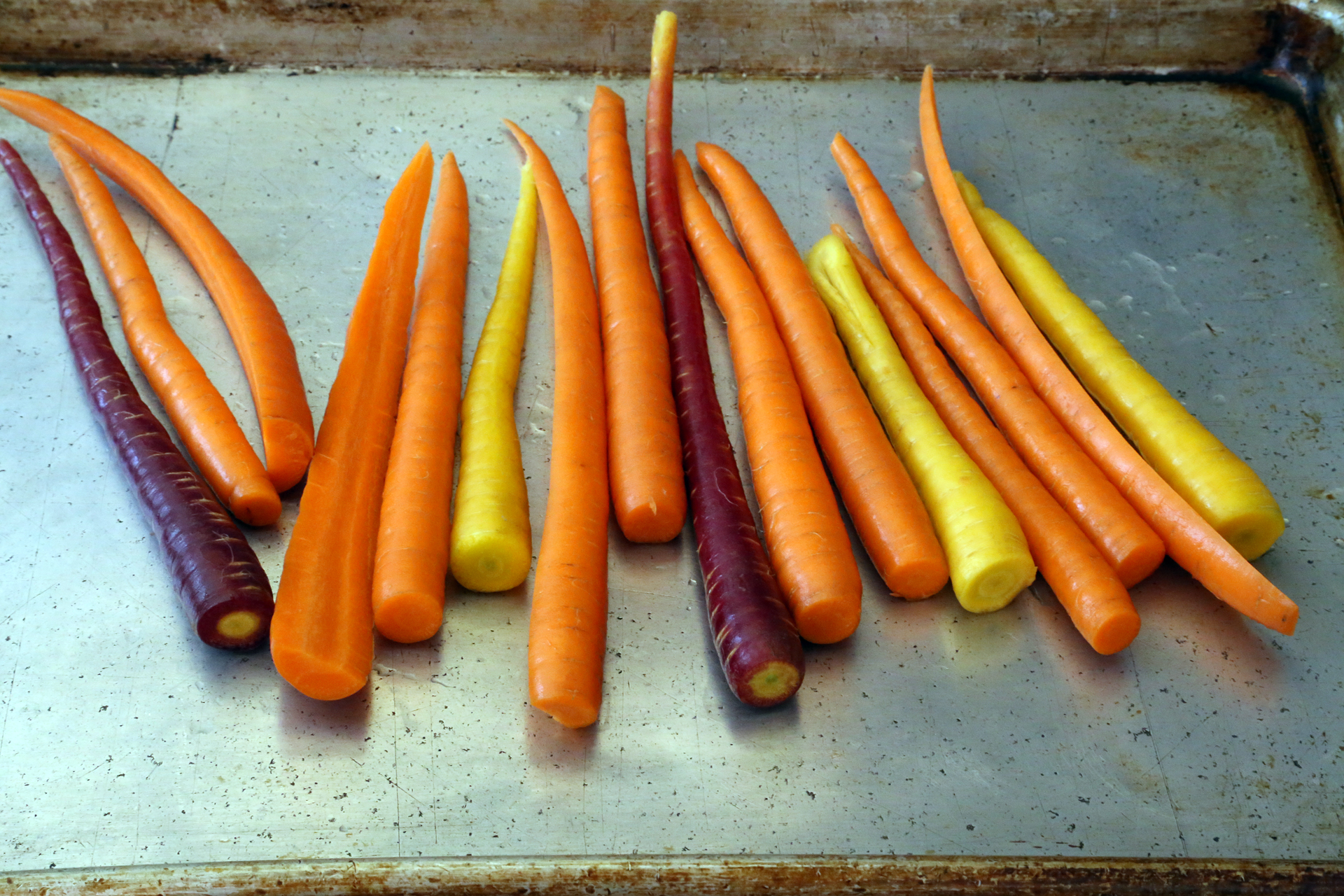 Heirloom carrots in a variety of colors.