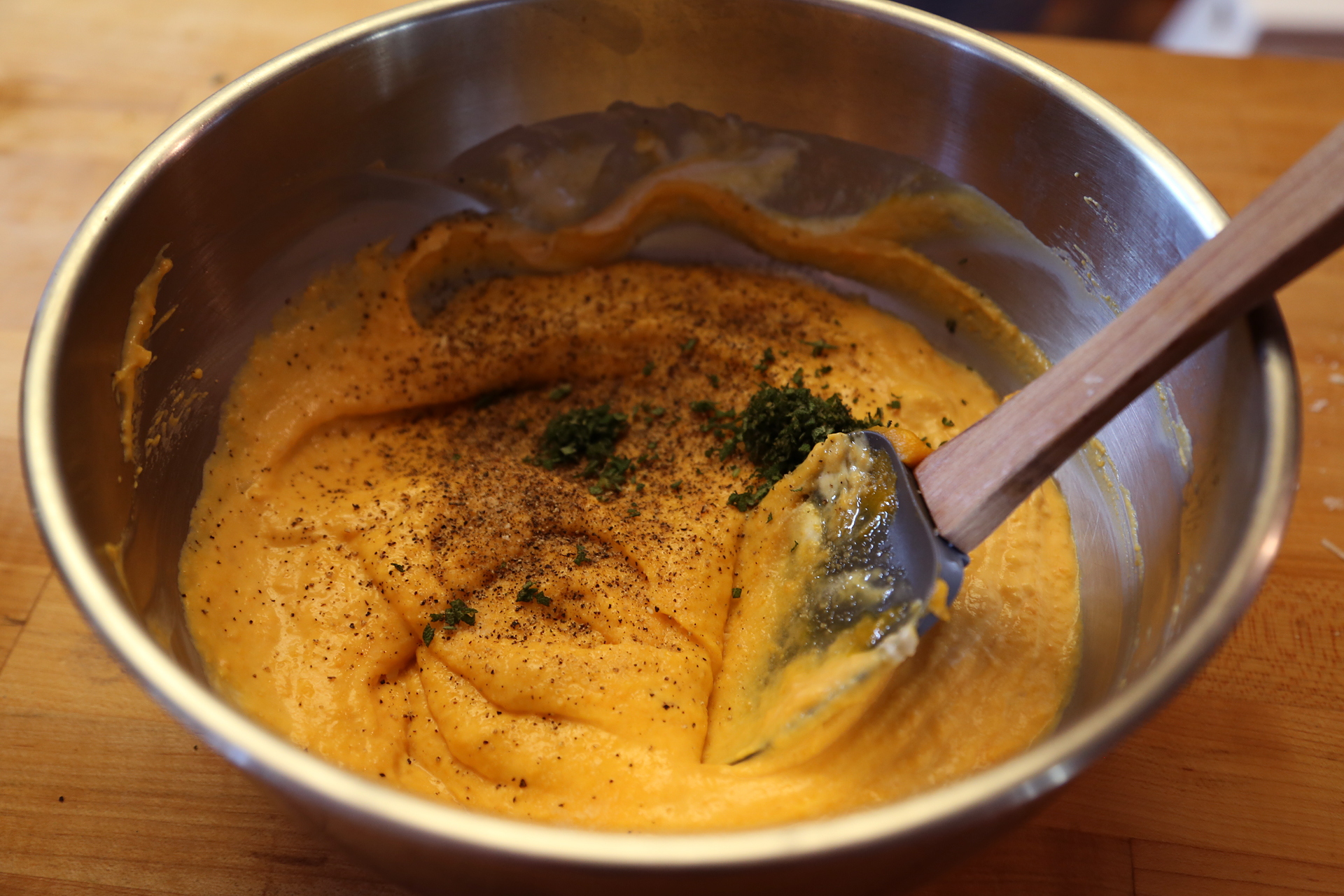 Add the chopped sage, salt and pepper and mix into the puree.