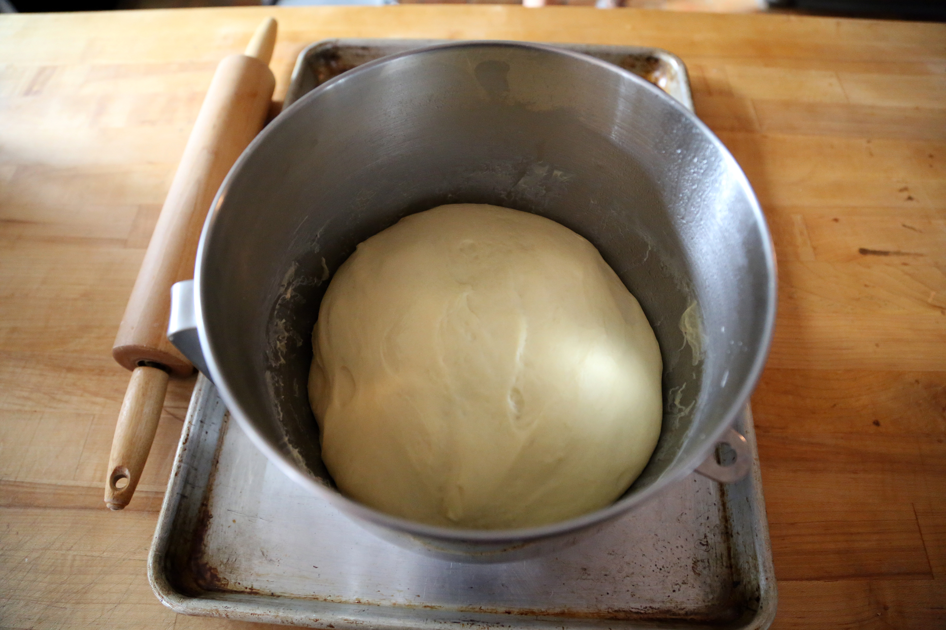 The raised dough is ready to roll out.