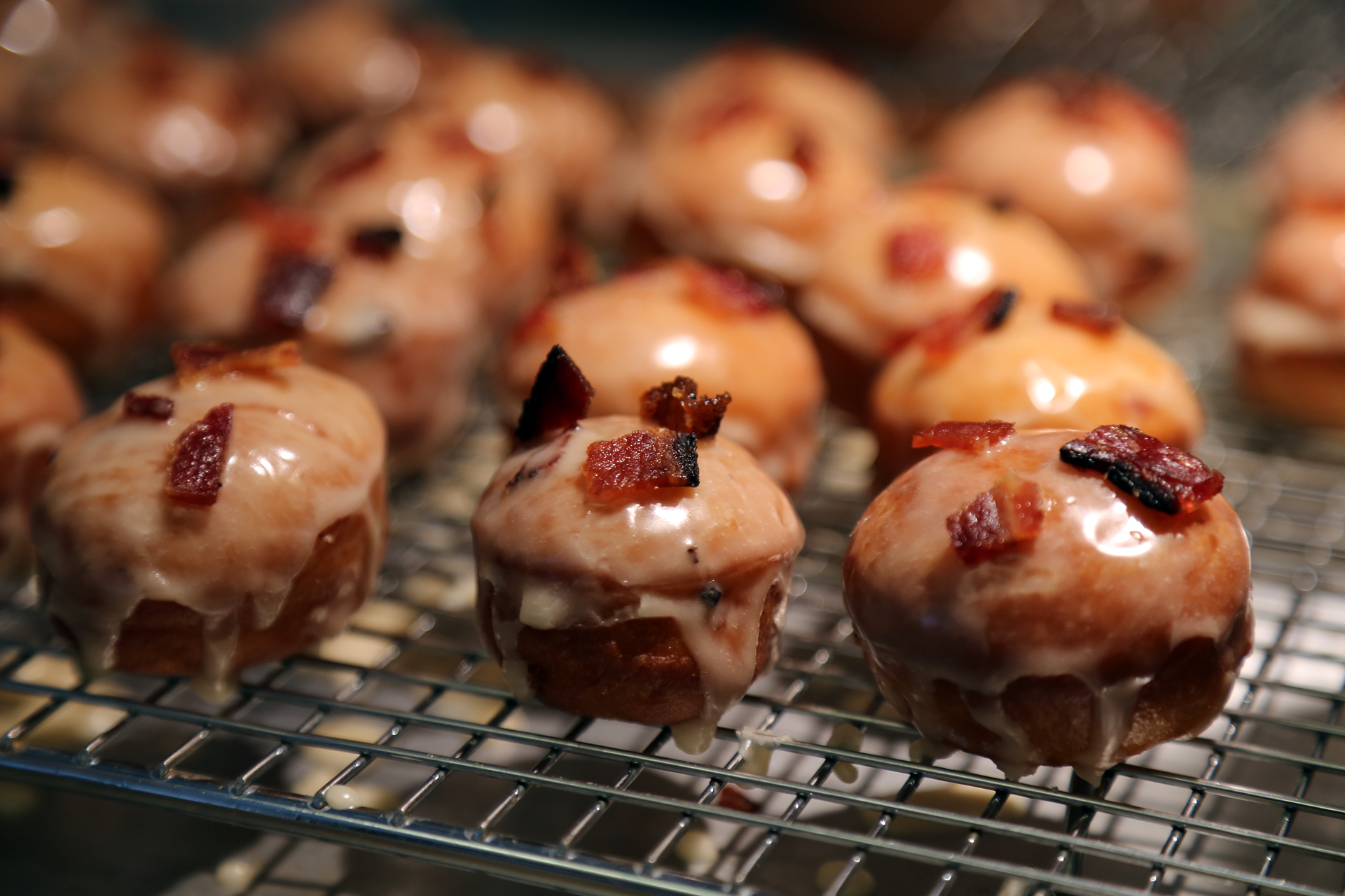  Immediately sprinkle them with bacon while the glaze is wet; let the glaze set before serving.