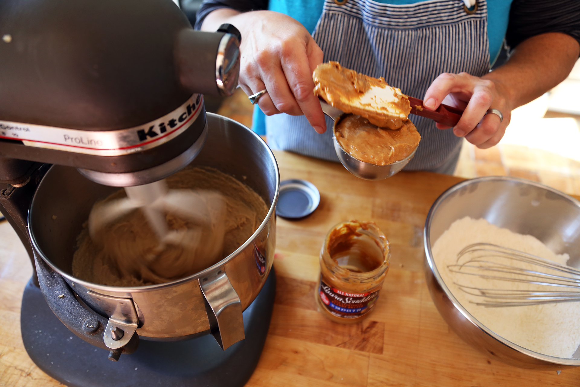  Add the peanut butter and beat until combined.