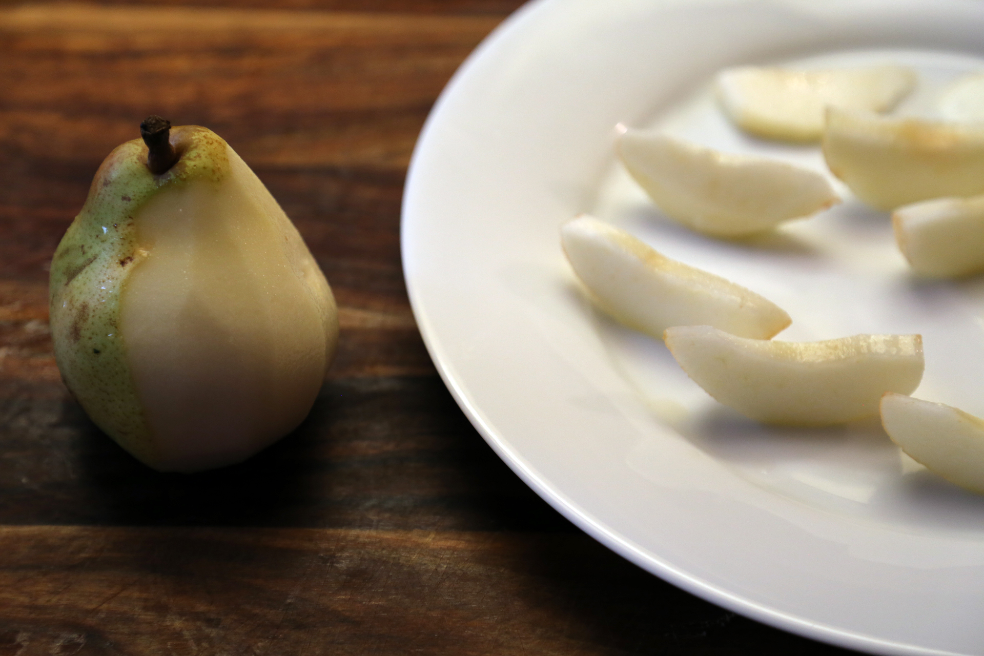 Quarter the pears and cut out the core with a paring knife. Slice each quarter into 1/2-inch wedges.