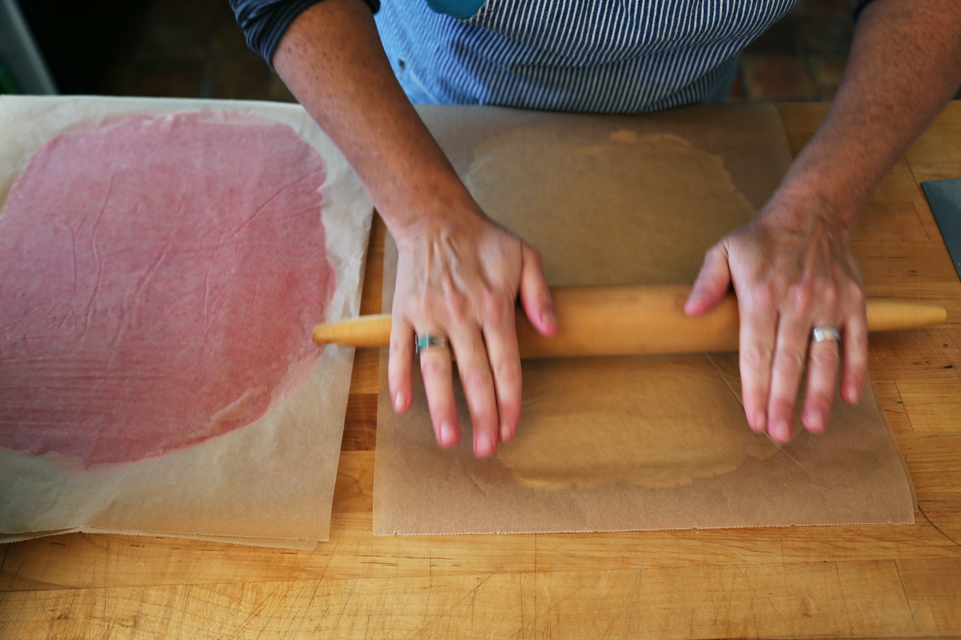 Top each with a second piece of parchment, then roll out each into a 10-by-12-inch rectangle.