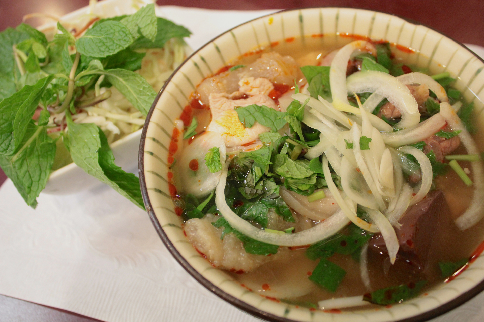 The spicy beef noodle pho with ox pizzle and pork blood. 
