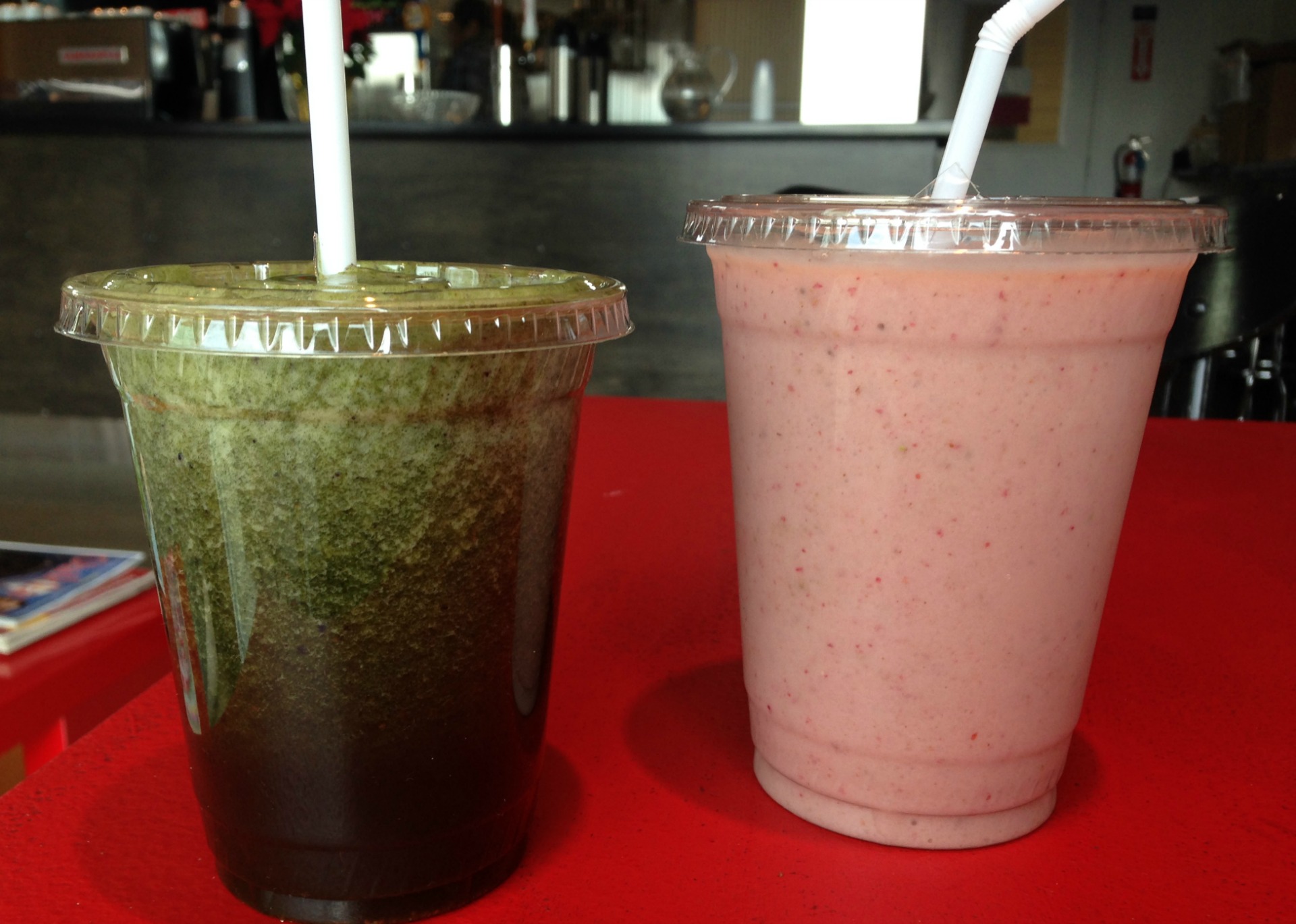 A Collagen Blues juice and Almond Strawberry Joy smoothie from Marana Cafe in Oakland