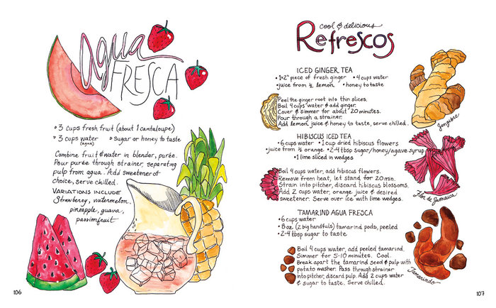 Recipes for agua fresca, beverages made with fresh fruit, and refrescos like iced ginger and iced hibiscus teas.
