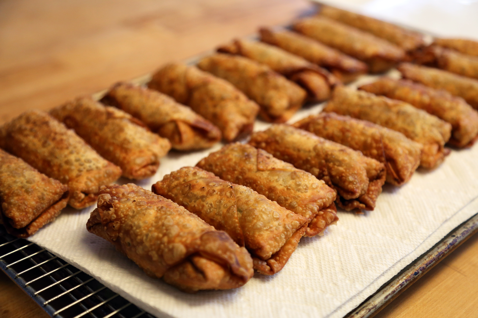 Line the rack with paper towels and keep them in the oven to stay warm while you finish frying the remaining eggrolls.