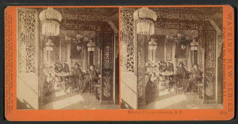 The interior of a Chinese restaurant in San Francisco, circa 1880.