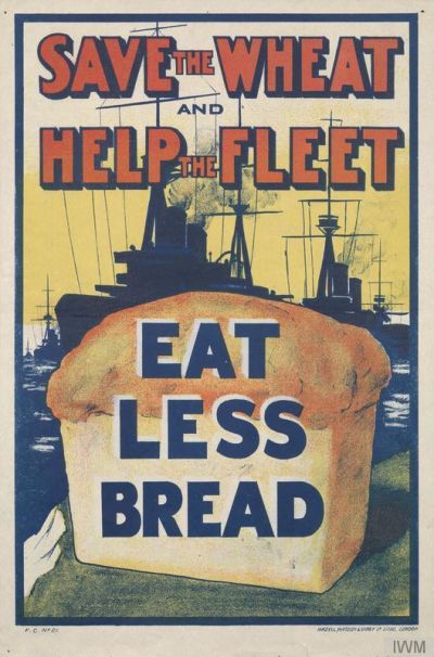 During World War I, ships bringing imported food supplies into Britain were extremely vulnerable to German U-boat attack. By 1917, 400 Allied ships a month were being sunk. Although wheat was imported from new sources, and Britain's own harvest reached record levels, the government actively encouraged economy.