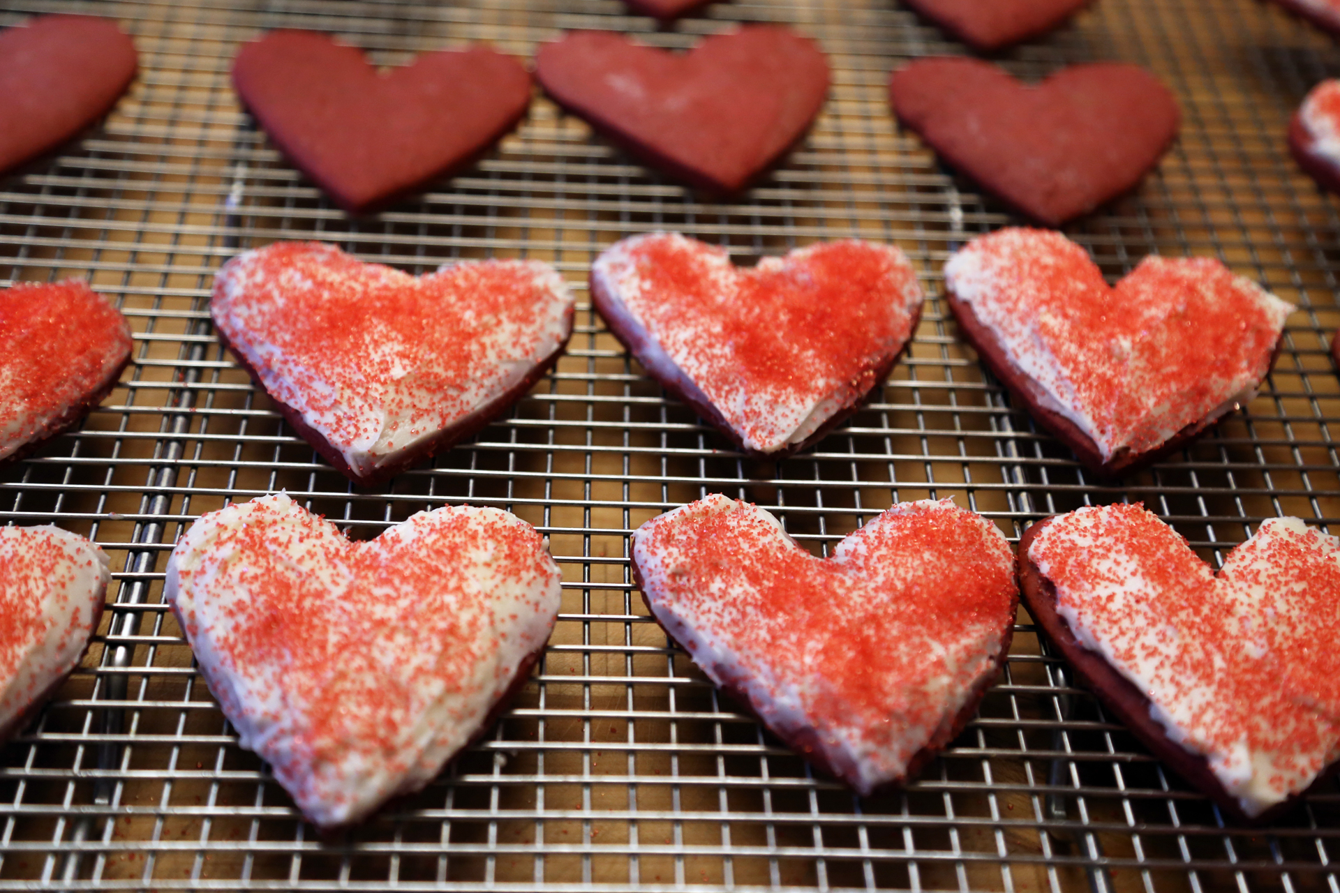 Red Velvet Sugar Cookie Hearts with Cream Cheese Frosting
