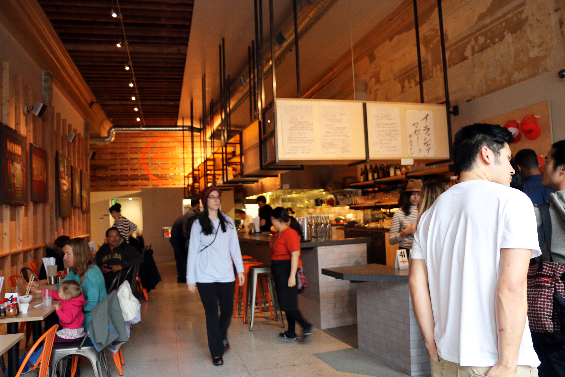 The long, high-ceilinged dining room at Itani Ramen