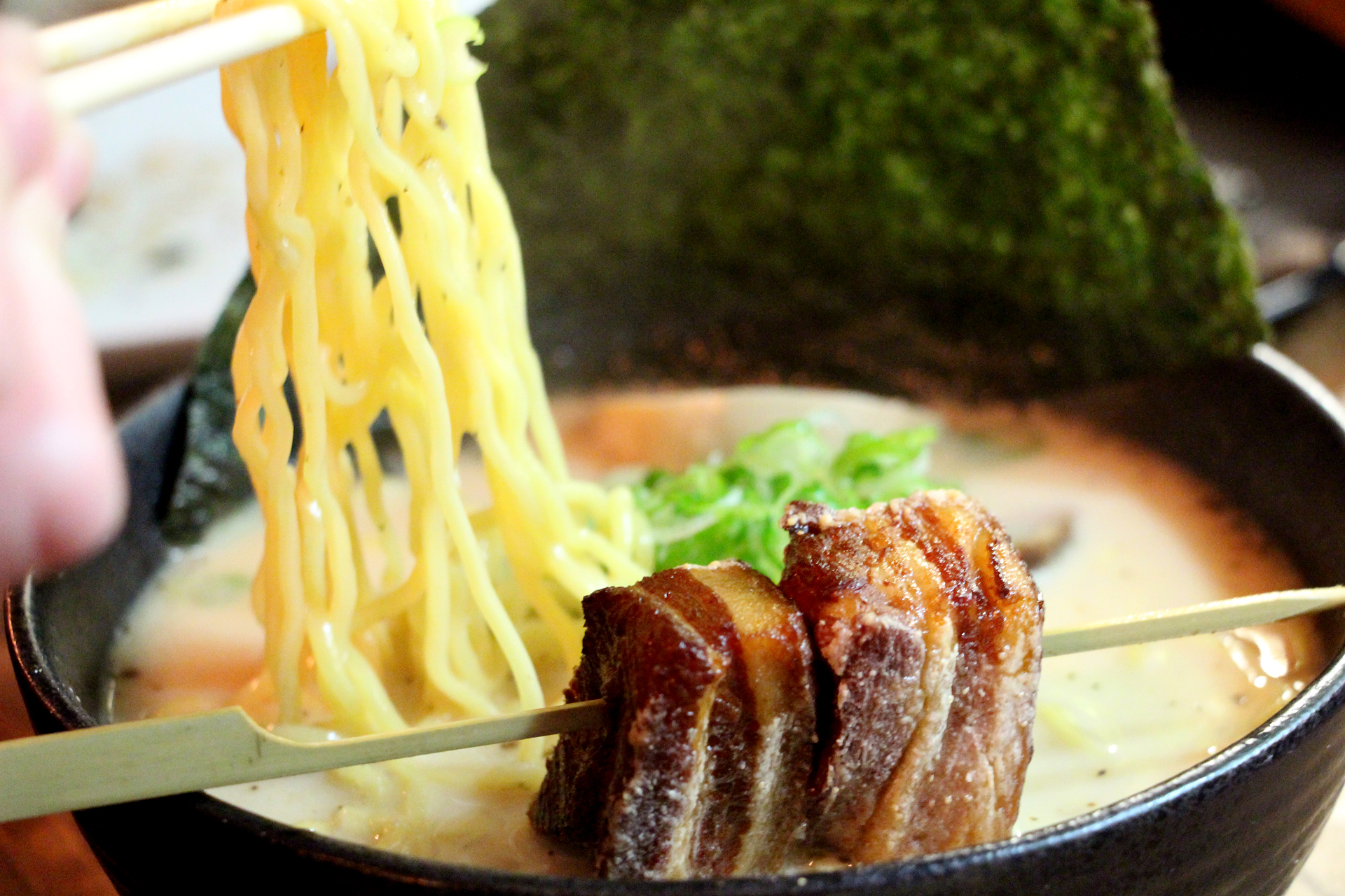 Izakaya Sozai's ramen tonkotsu bowl with fried braised pork belly.