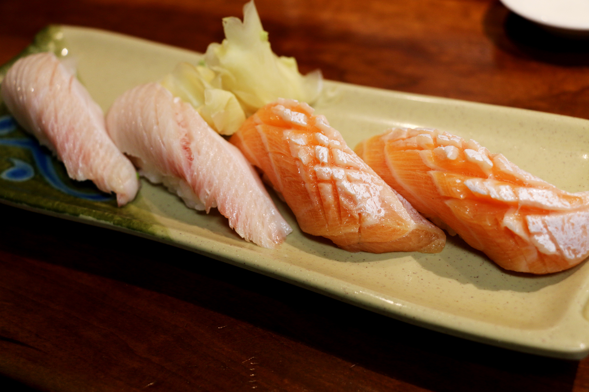 Hamachi (yellowtail) and sake (salmon) belly.
