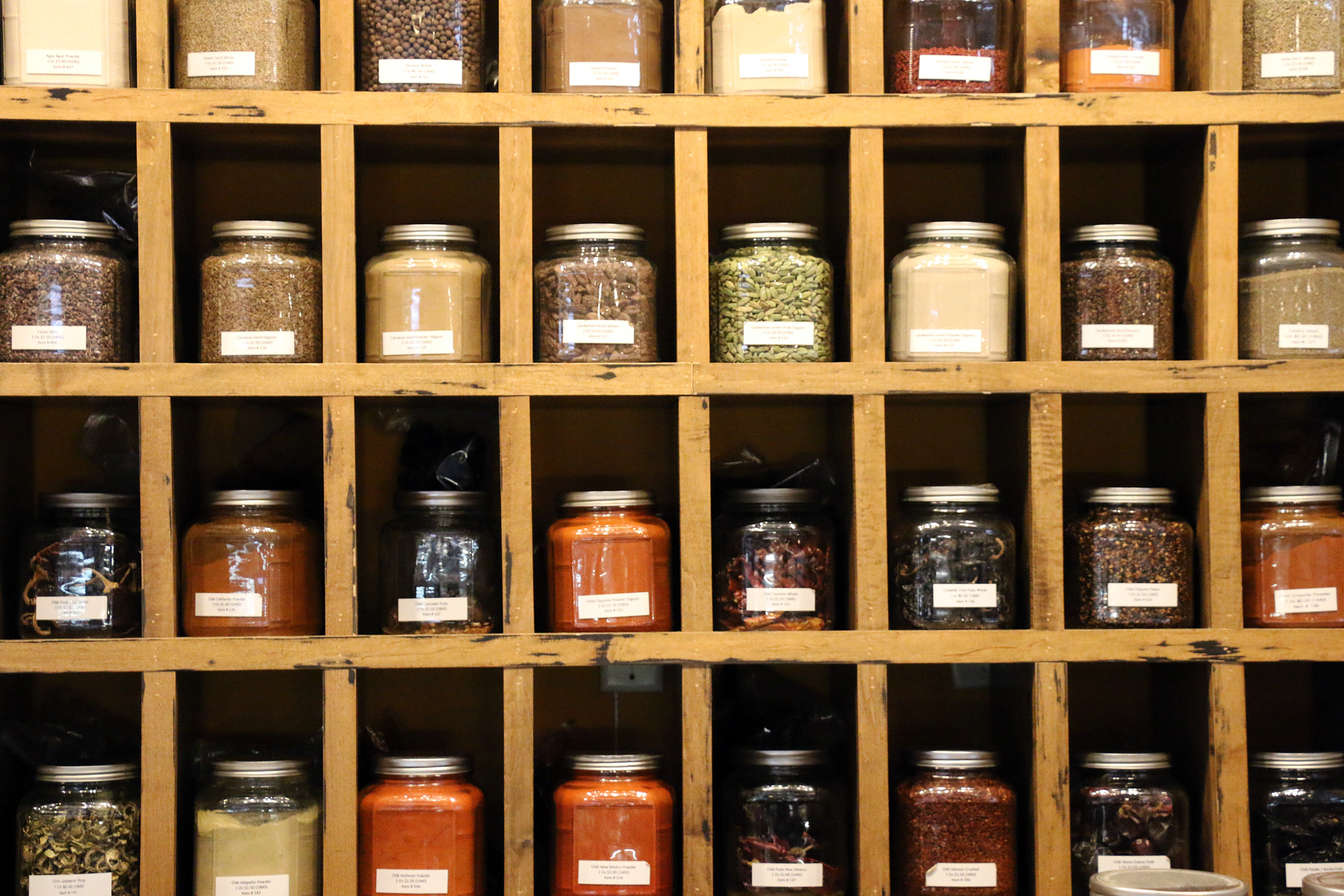 Rows and rows of spices at Whole Spice.