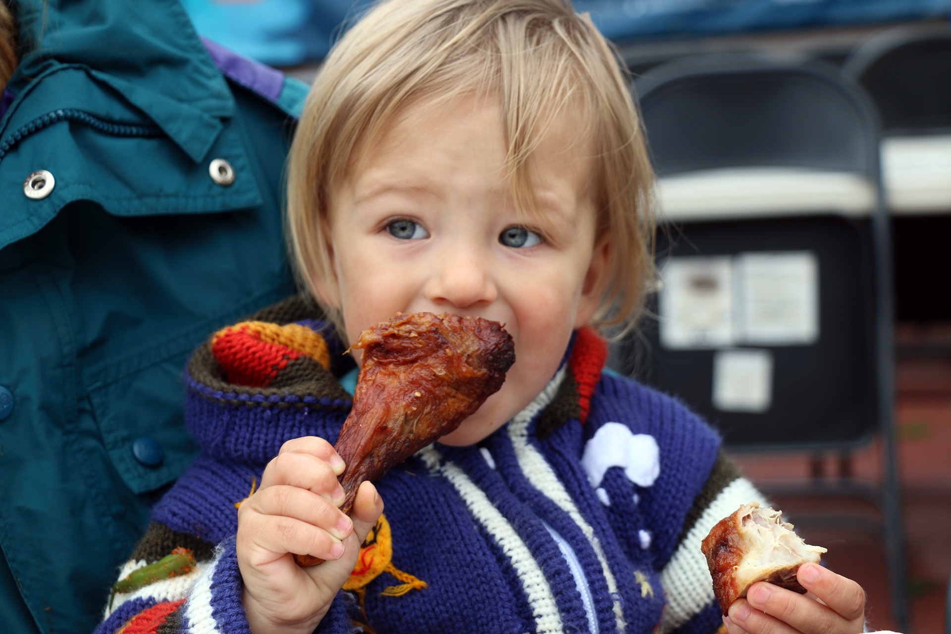 Enjoying the kid-friendly barbecued chicken.