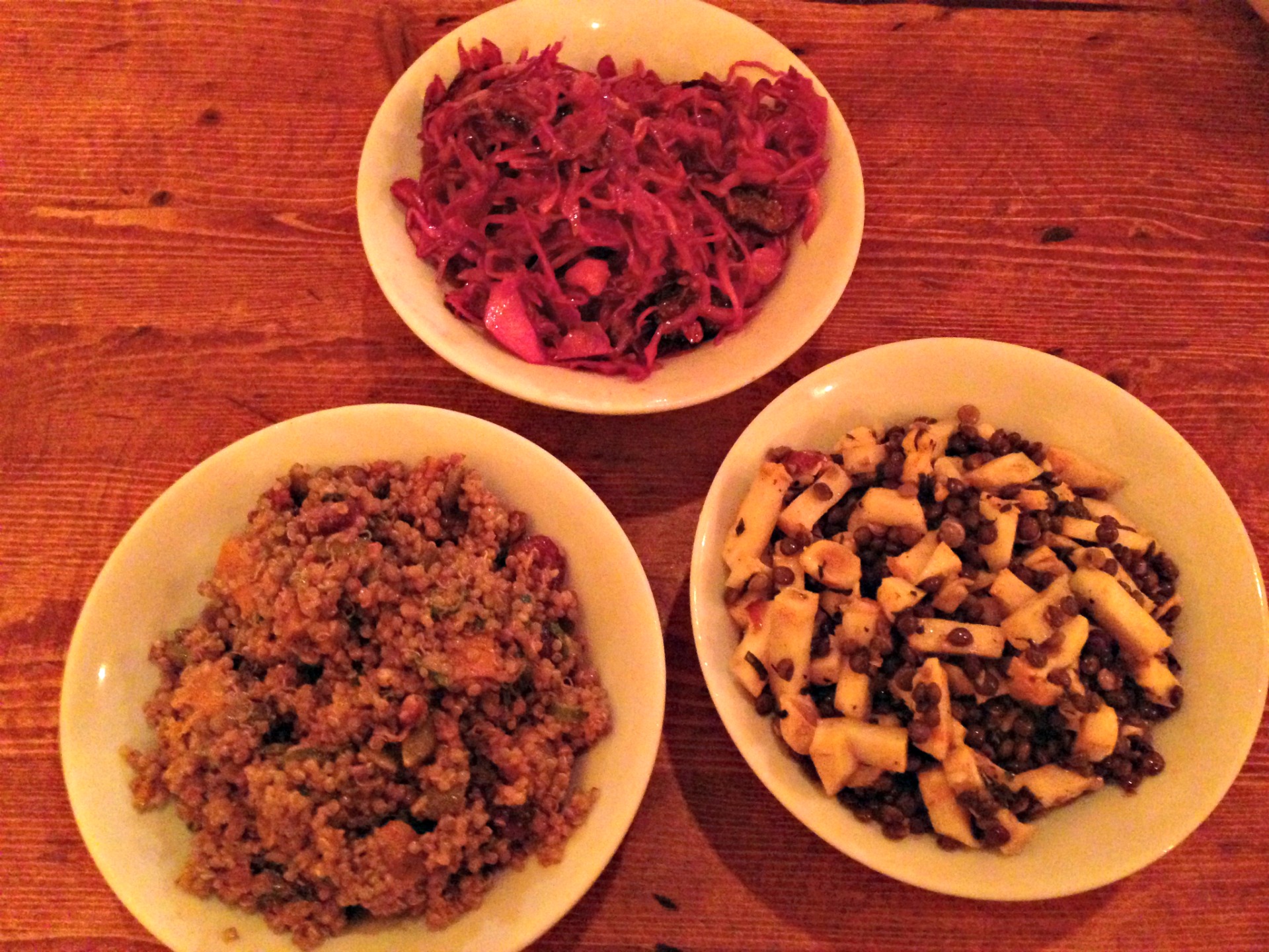 Salads at Ba Bite, clockwise from top: cabbage, lentil and celeriac, and butternut squash and quinoa.