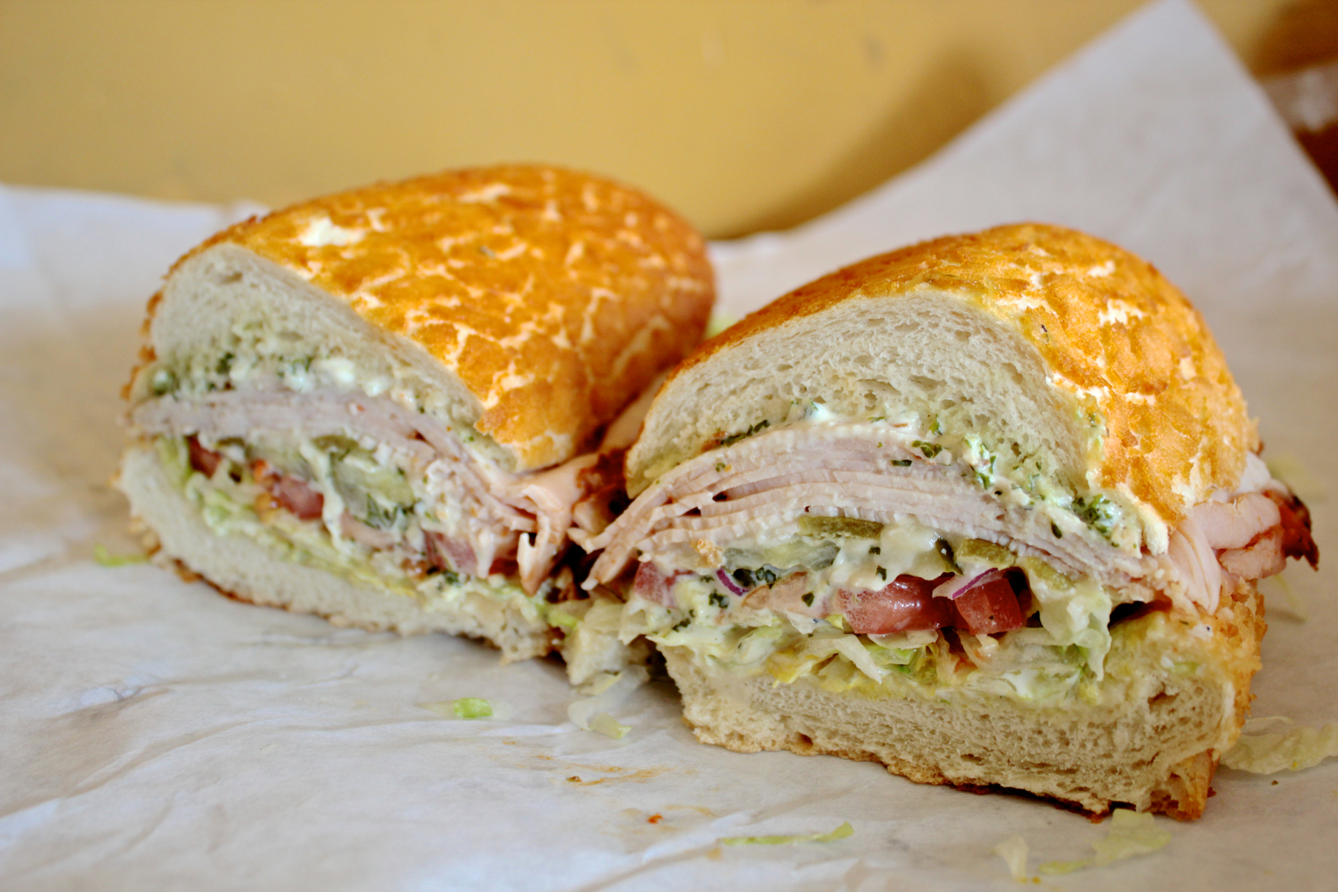 The Hot Bird features turkey, roasted green peppers, pepper jack cheese and caesar dressing.