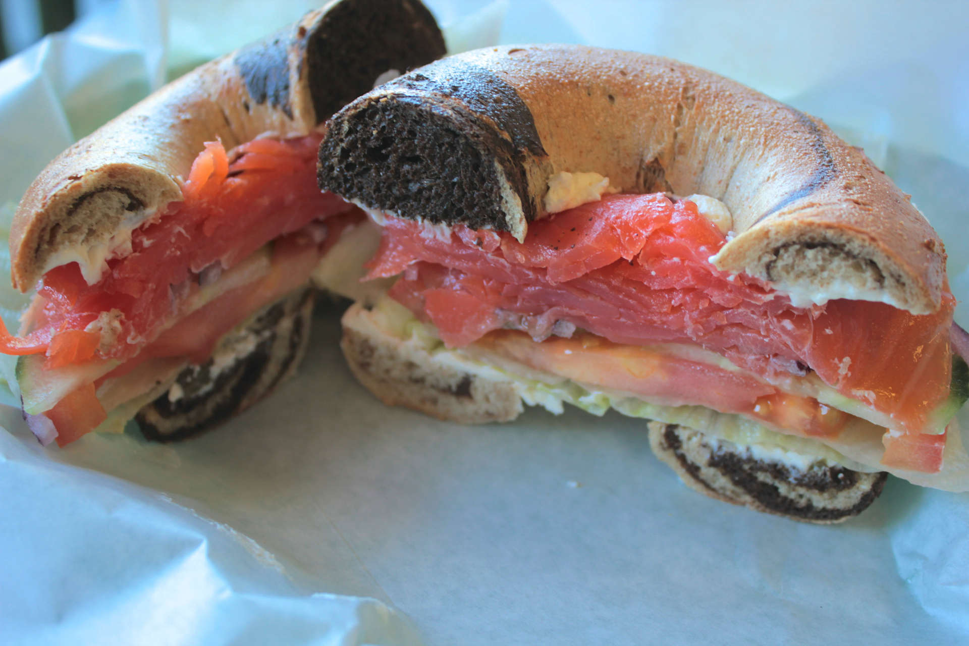 A lox sandwich on a pumpernickel-rye bagel at Saratoga Bagels.