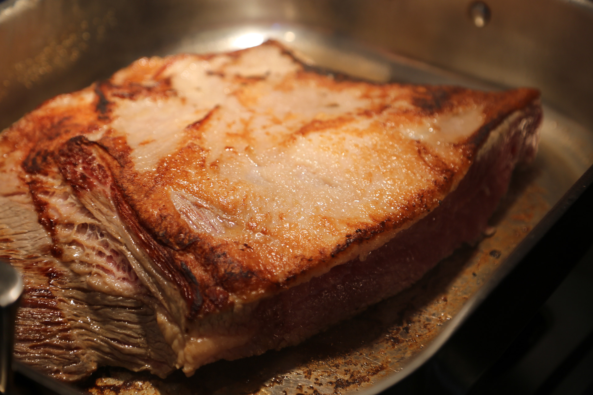 Sear until well-browned on both sides, turning once, about 10 minutes total.