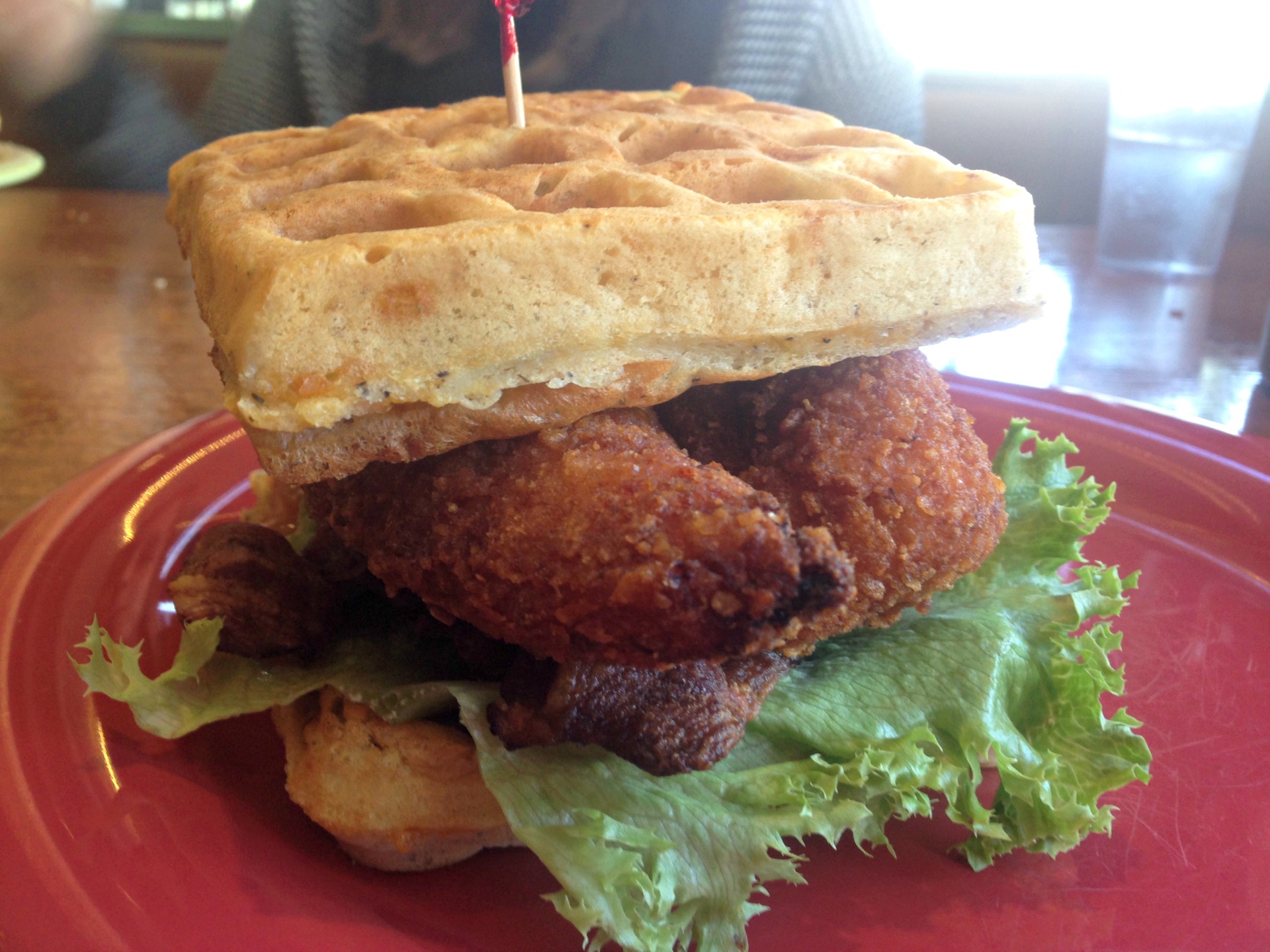 A chicken and waffle sandwich from Lola's.
