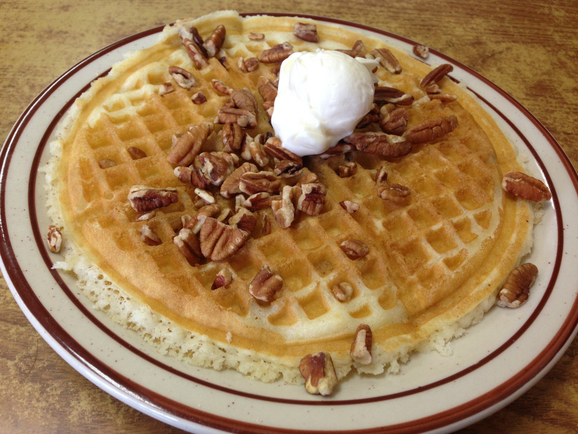 A pecan waffle from Ole's Waffle Shop.  
