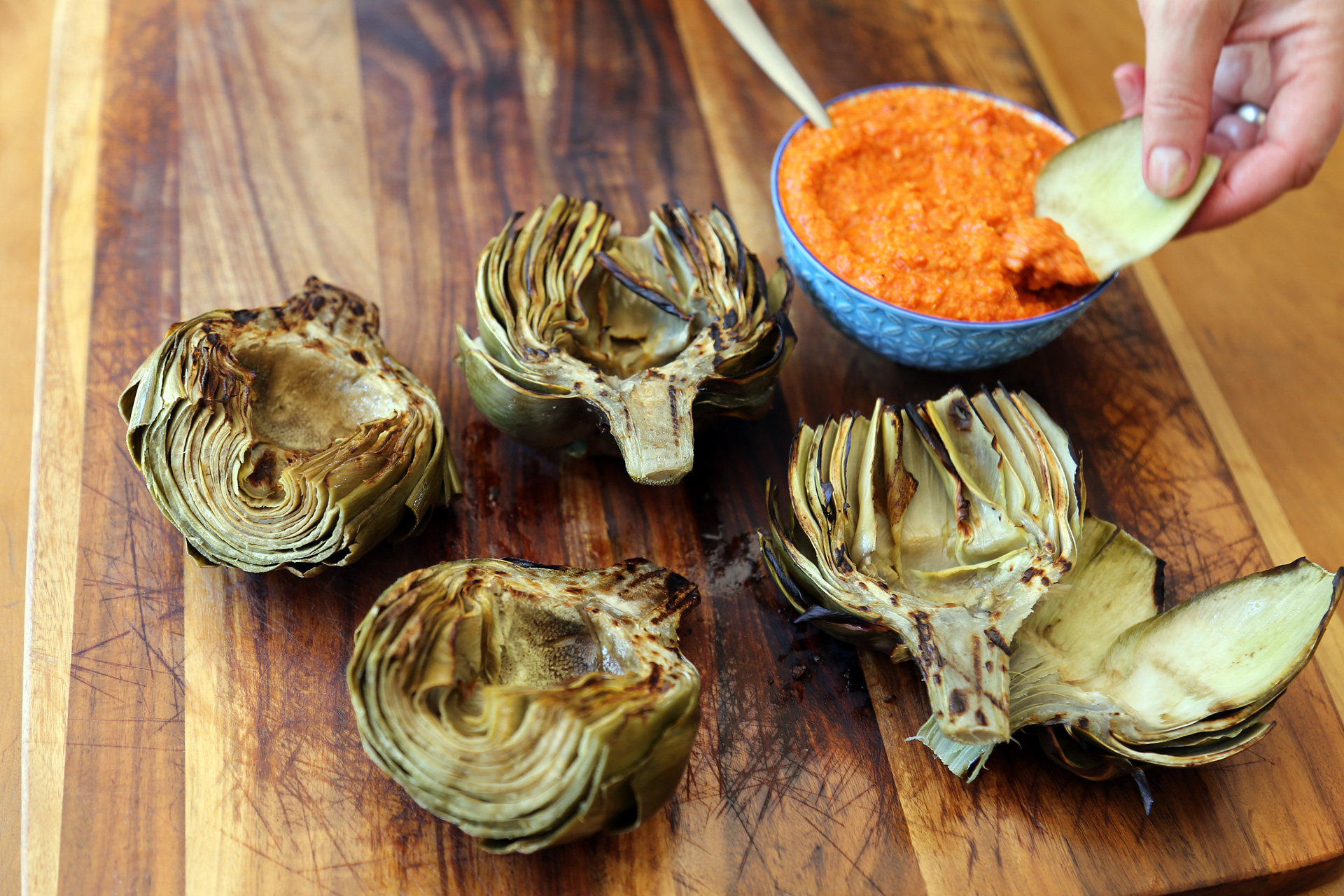 Grilled Artichokes with Romesco Sauce
