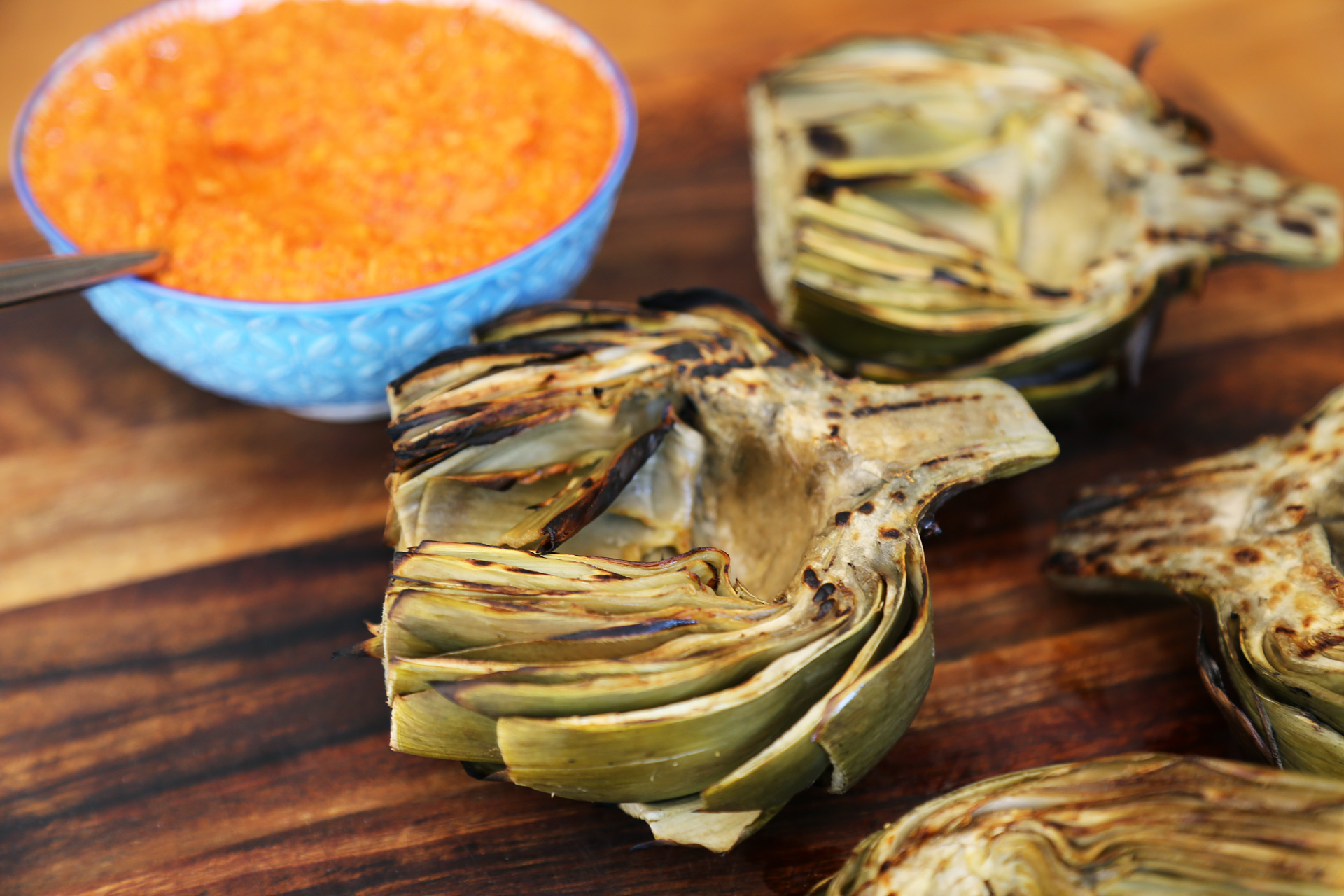 Grilled Artichokes with Romesco Sauce