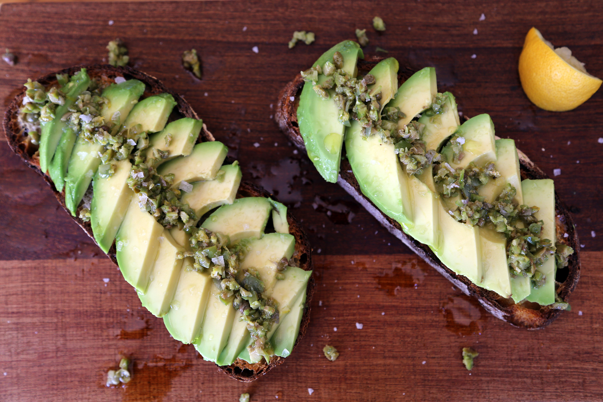Avocado Toast with Green Olive Relish and Lemon