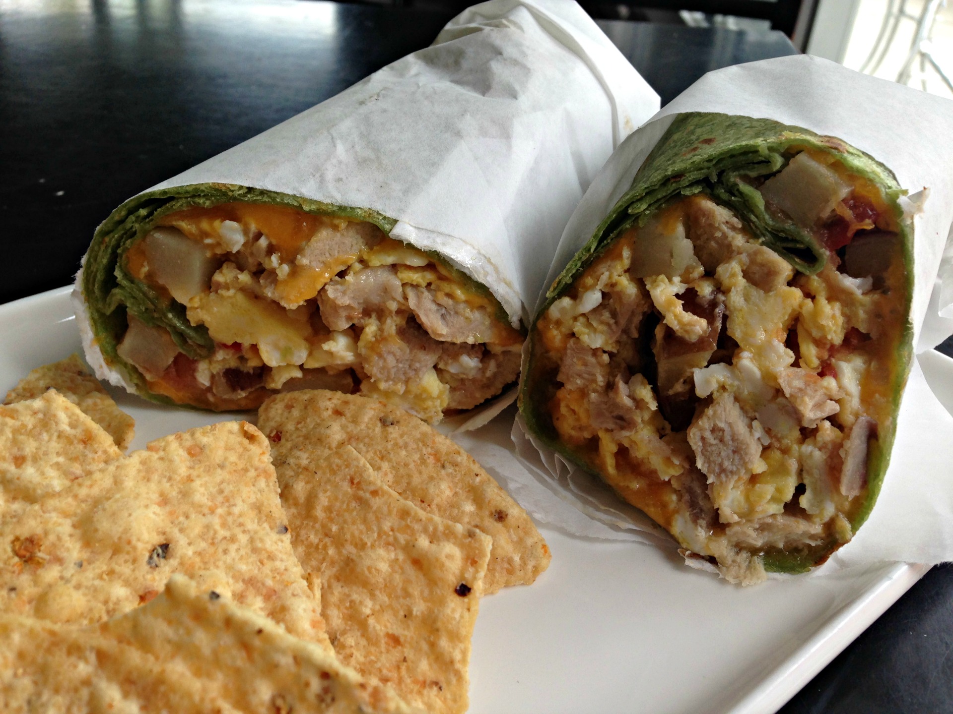 Pork breakfast burrito at Tribu Cafe.