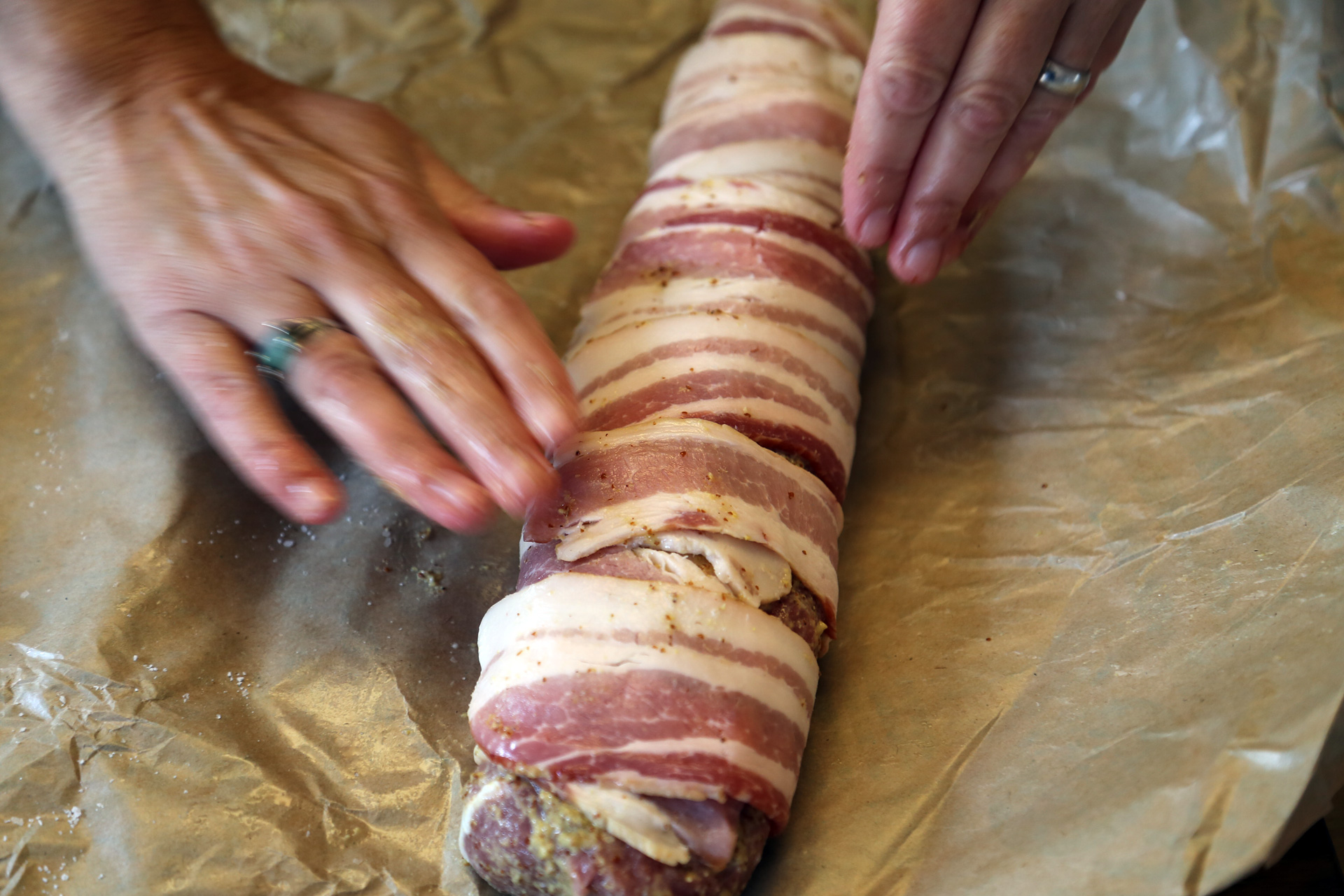 After bacon is wrapped, place on a plate, cover with plastic wrap, and refrigerate for 1 hour or up to overnight.