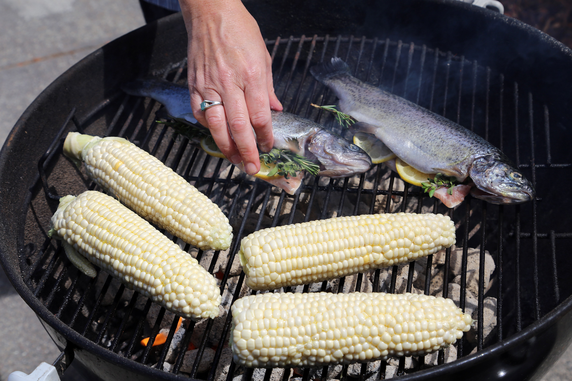 Add the trout to the grill directly over the fire.
