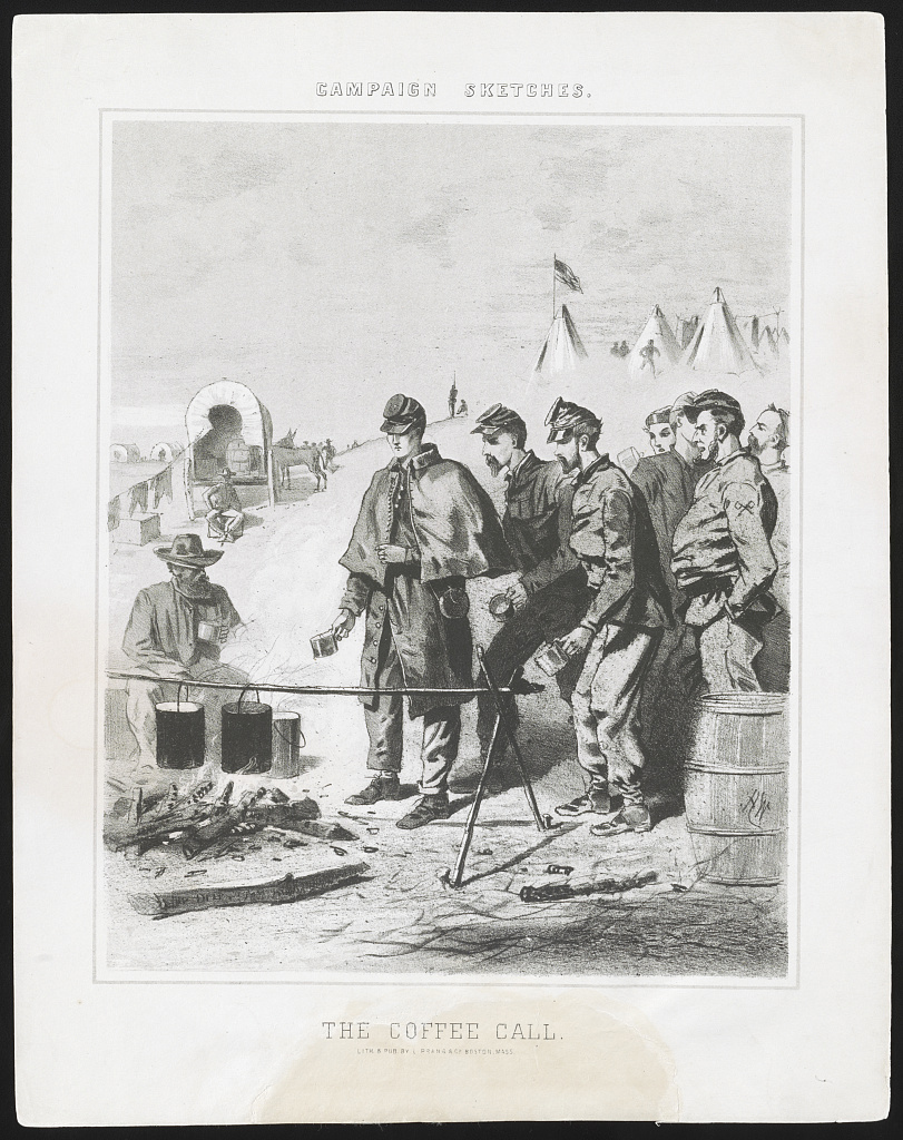 A print shows Army of the Potomac soldiers waiting for coffee at a campfire in an encampment during the Civil War.