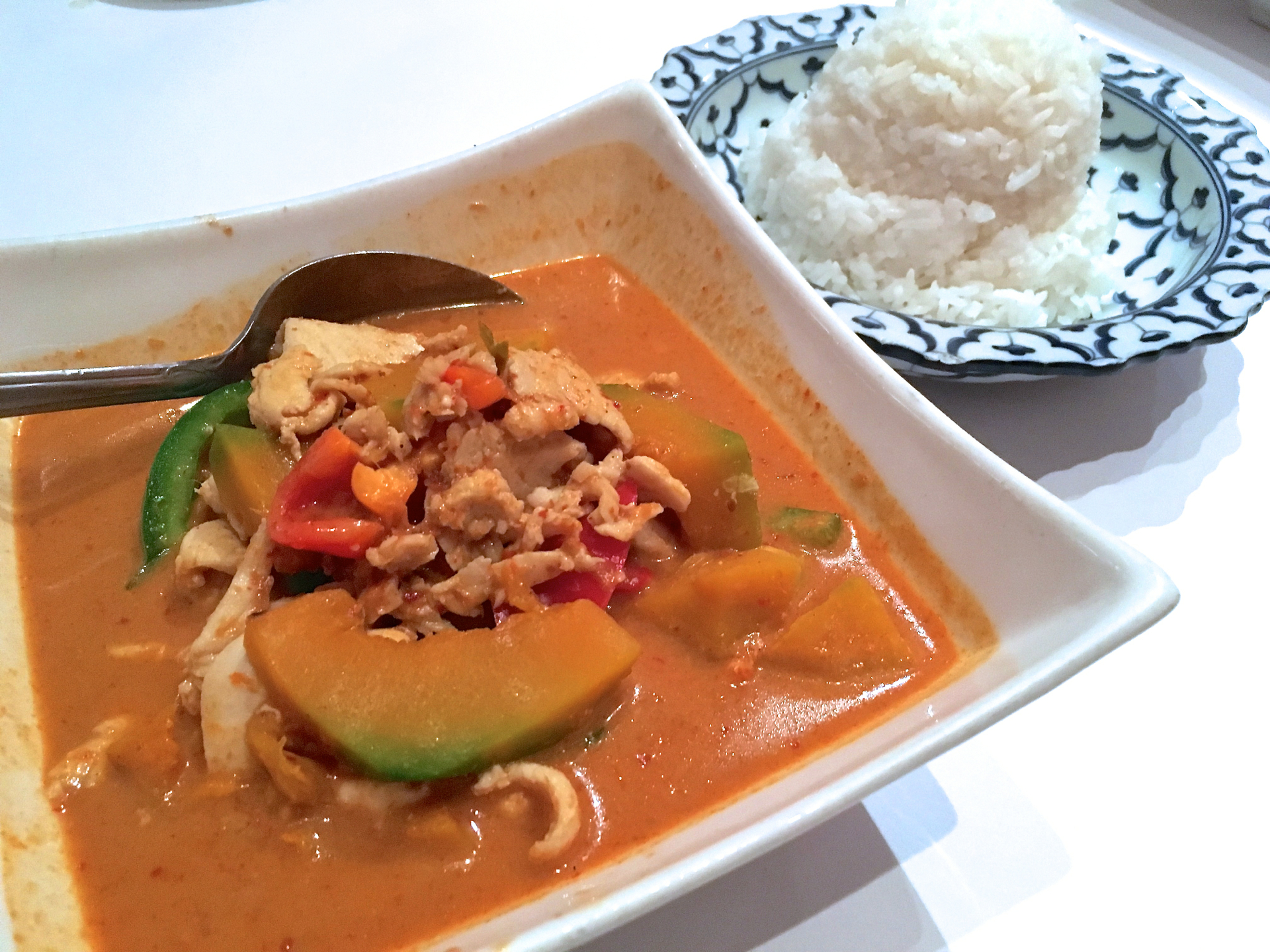 A pumpkin curry with chicken and steamed rice at Bangkok Bay Thai Cuisine.