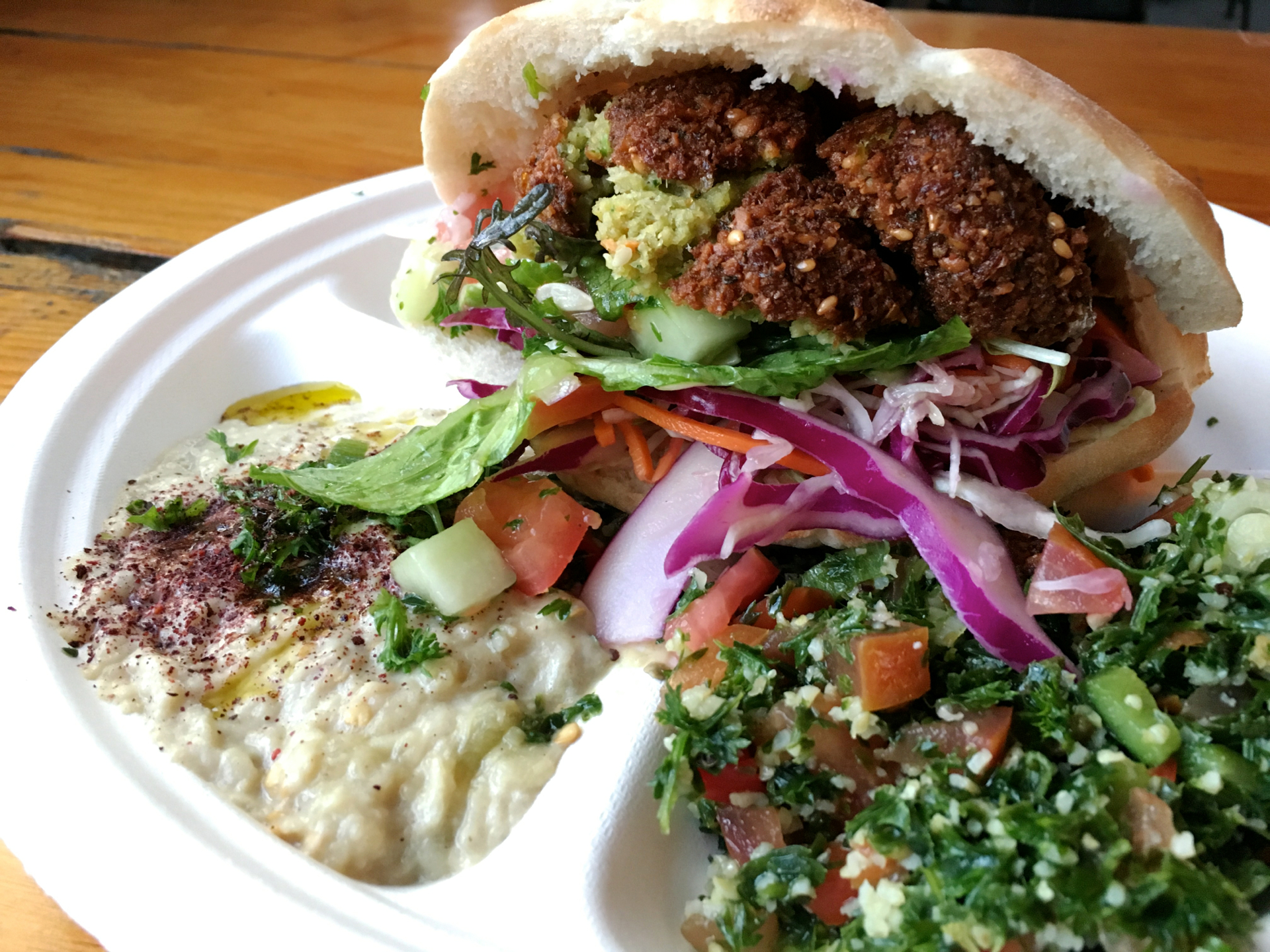 A falafel pita with baba ganoush and tabbouleh at Dish n Dash in Sunnyvale.