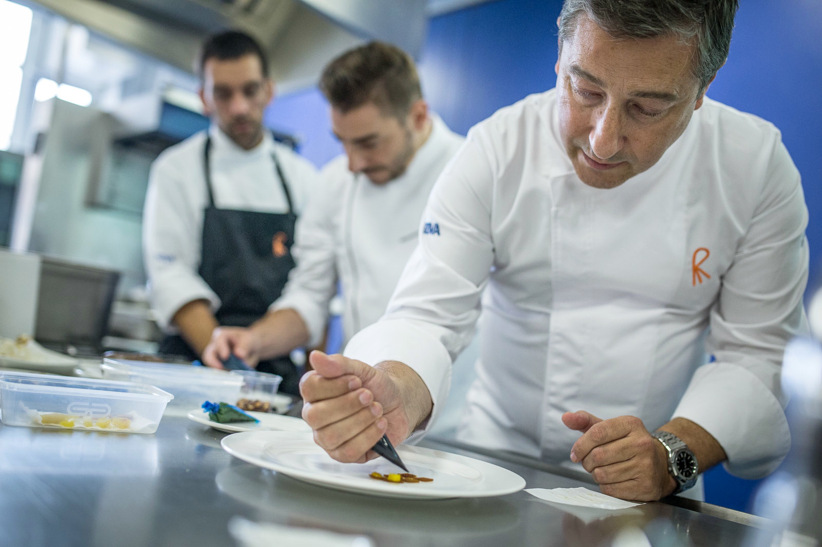 Joan Roca (foreground), head chef at El Celler de Can Roca, a top-rated restaurant in northeast Spain. Here Roca conducts a cooking demonstration at Westminster Kingsway College, in London.