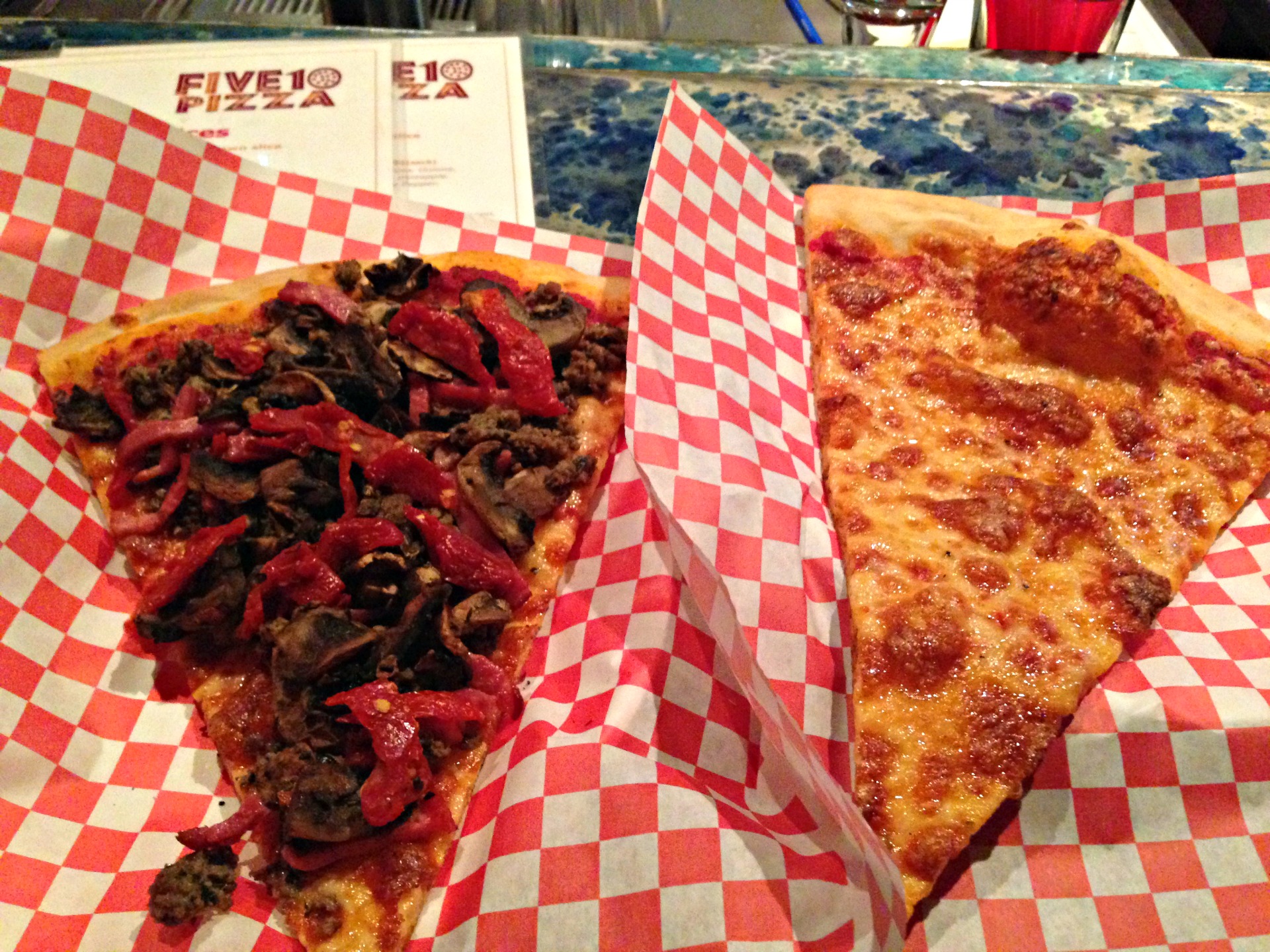 A slice of the namesake special and a slice of cheese from Oakland's Five10 Pizza.