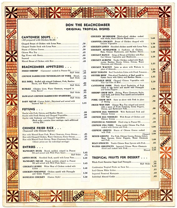 The menu at Don the Beachcomber from 1943. The restaurant opened in 1934 in LA, kicking off the tiki bar craze. The menu was loosely inspired by the tropical flavors that owner Donn Beach encountered during his travels in the South Pacific.