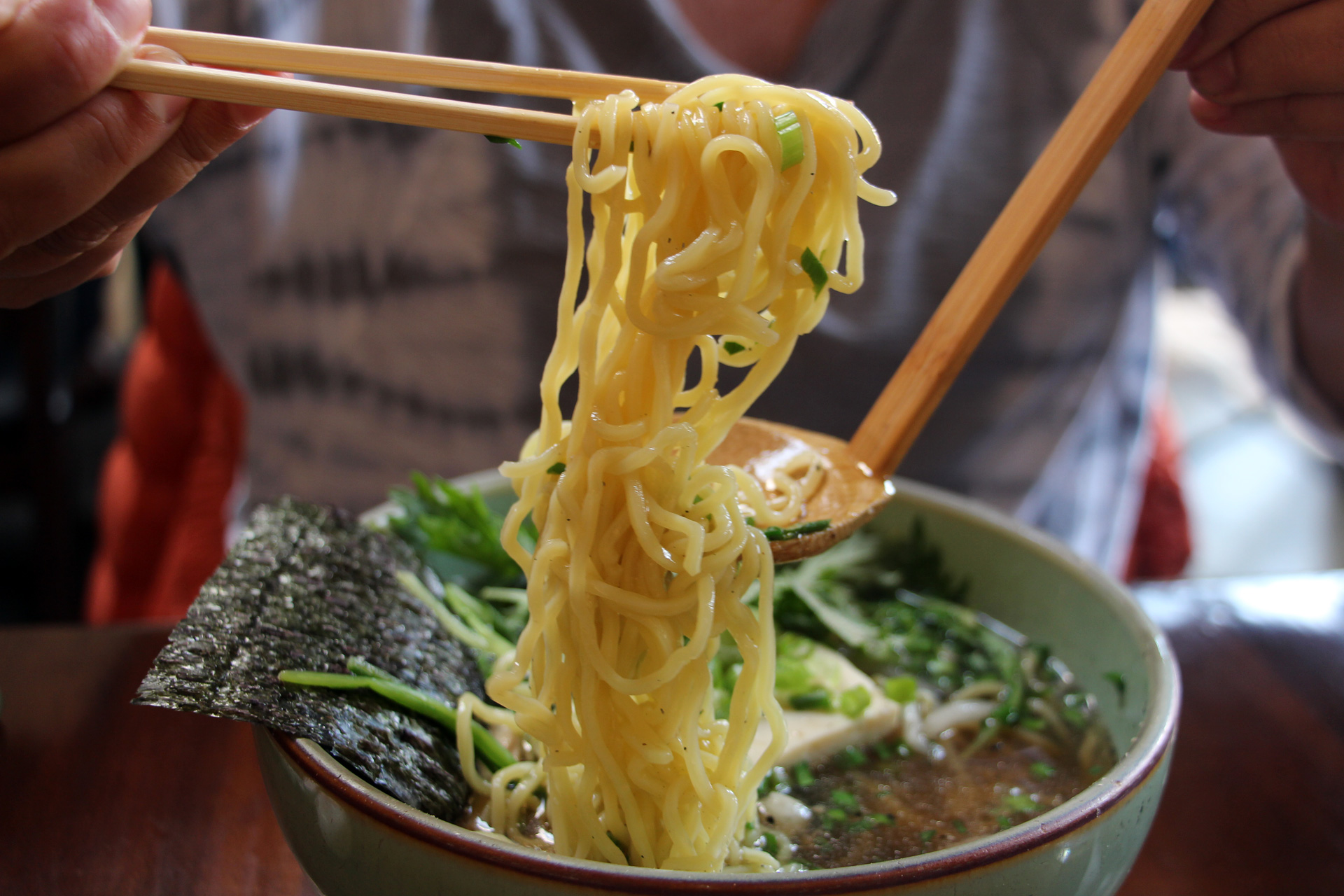 The noodles from the vegetarian shoyu ramen