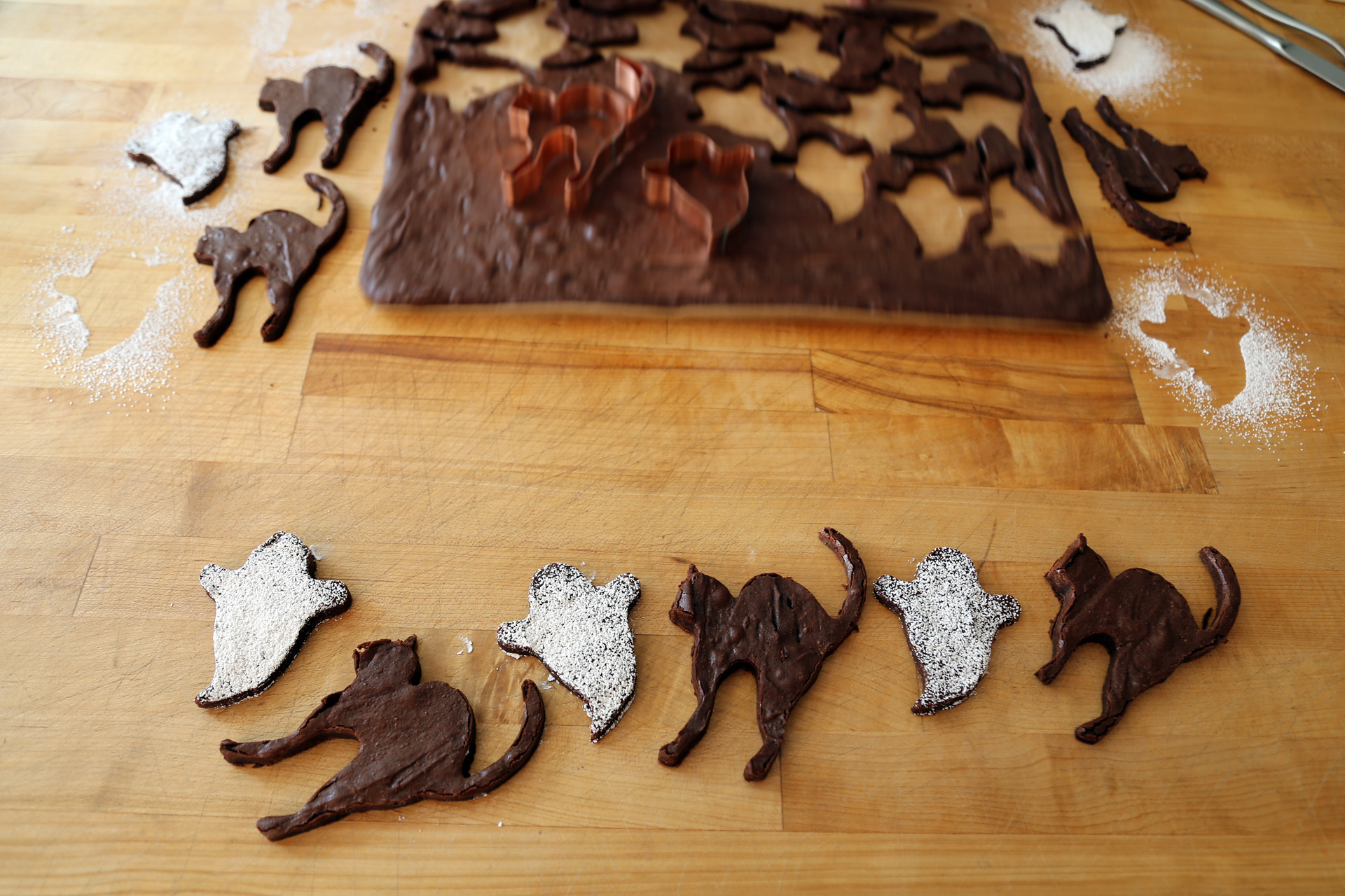 Chewy Chocolate Cut-Out Brownie Cookies - Scaredy Cats and Sugar-Dusted Ghosts